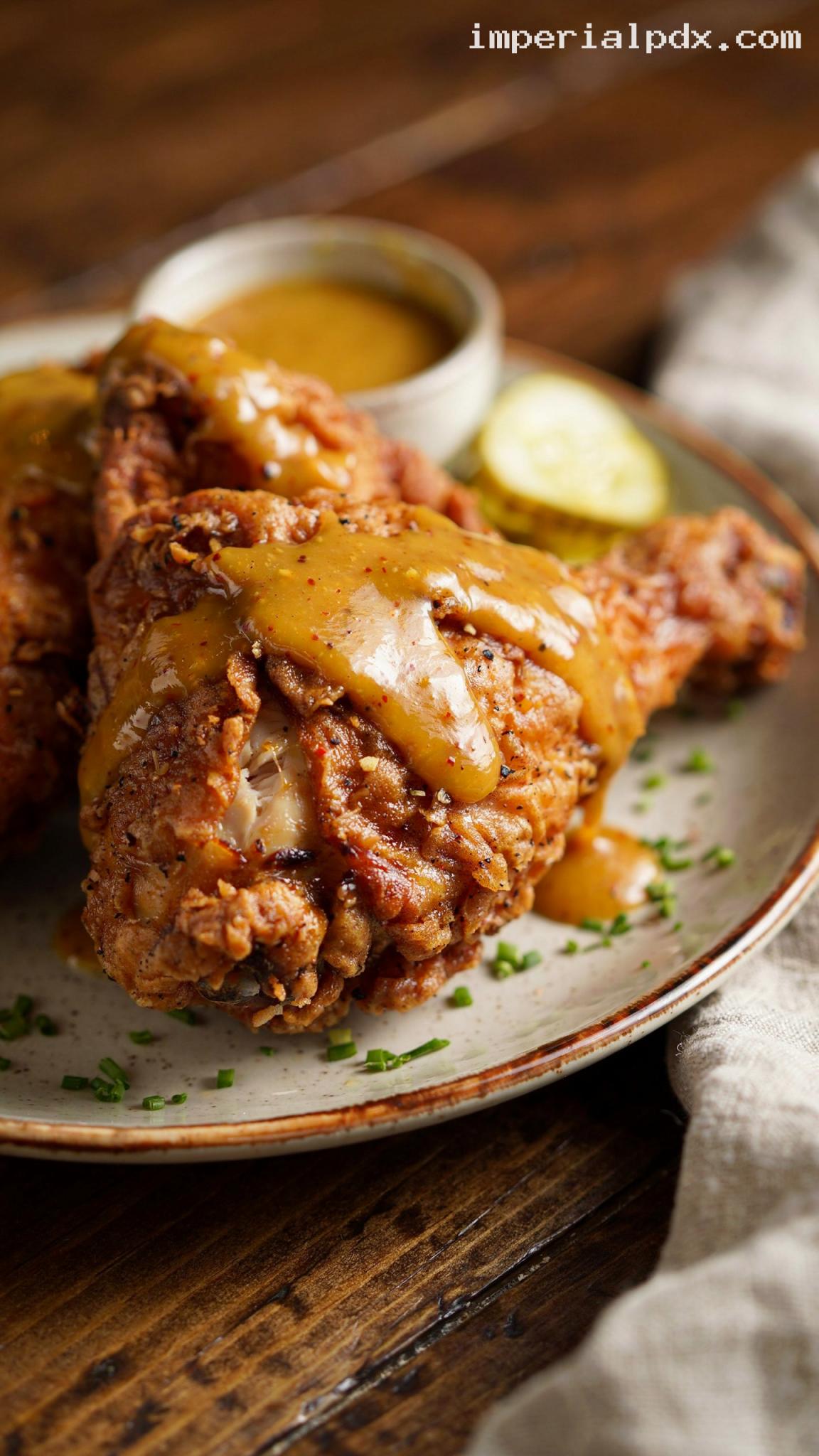 Carolina Gold Fried Chicken With Tangy Mustard Sauce – Closeup