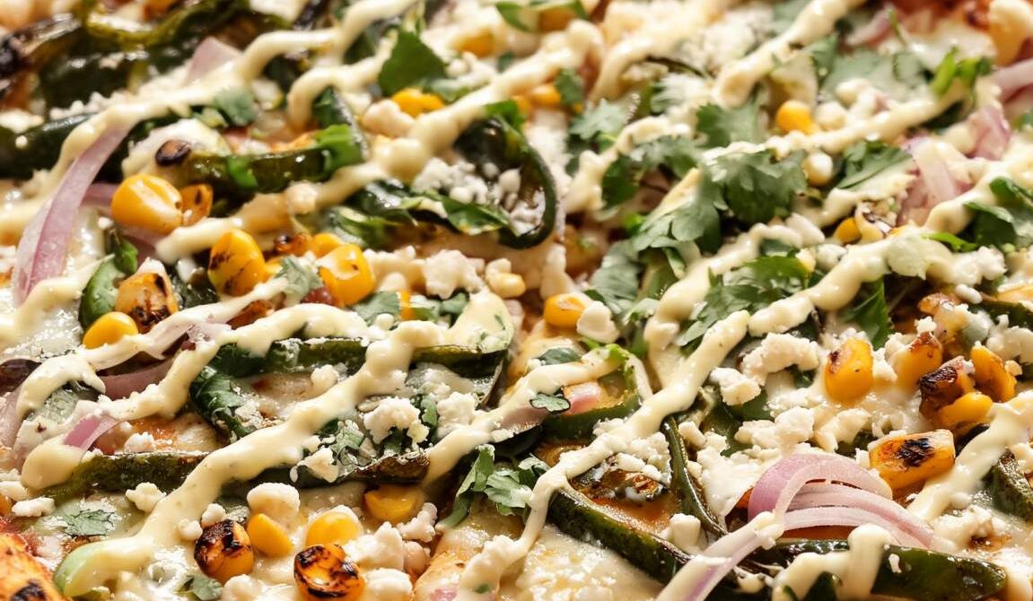 Charred Corn and Poblano Pizza with Lime Crema