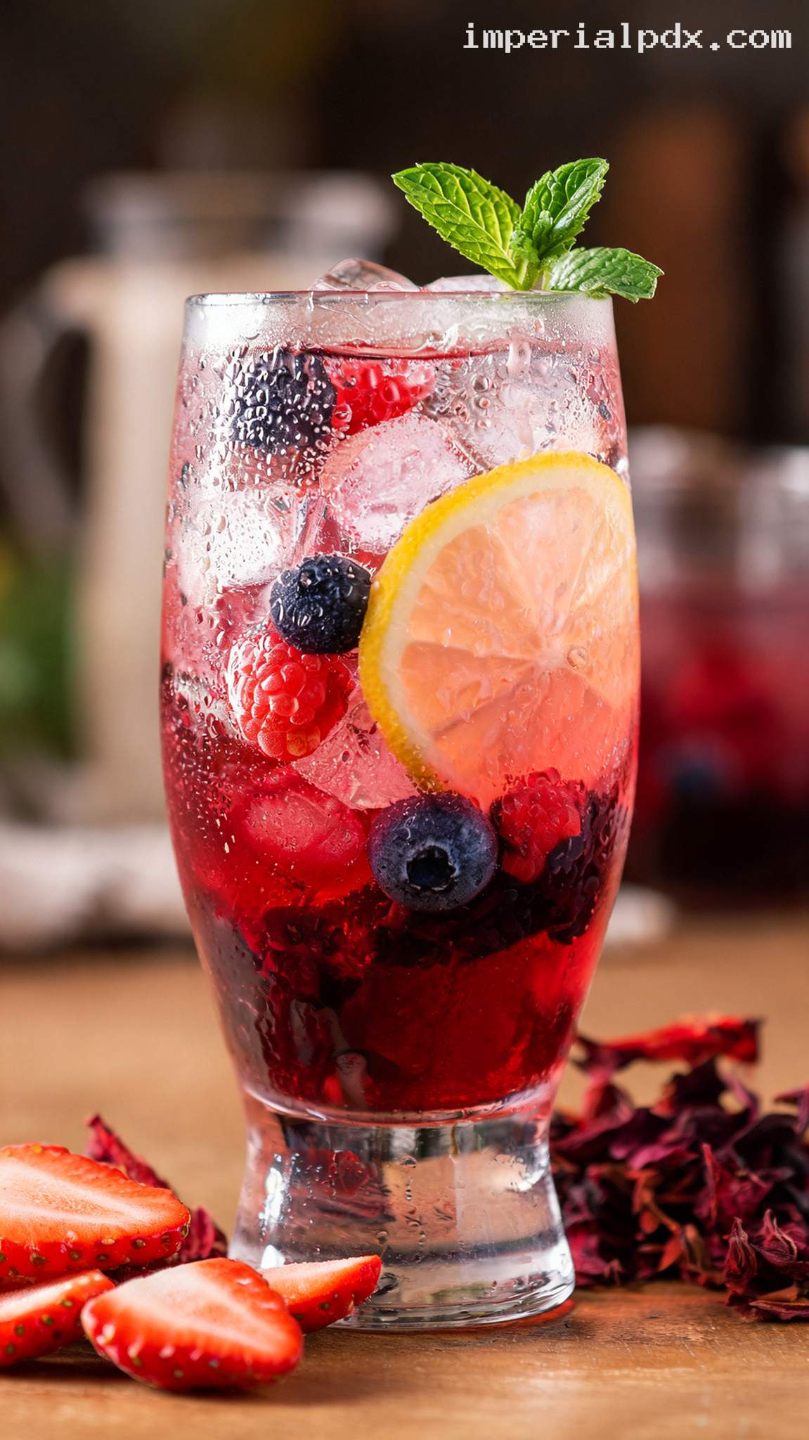 Chilled Hibiscus Berry Tea Refresher – Closeup