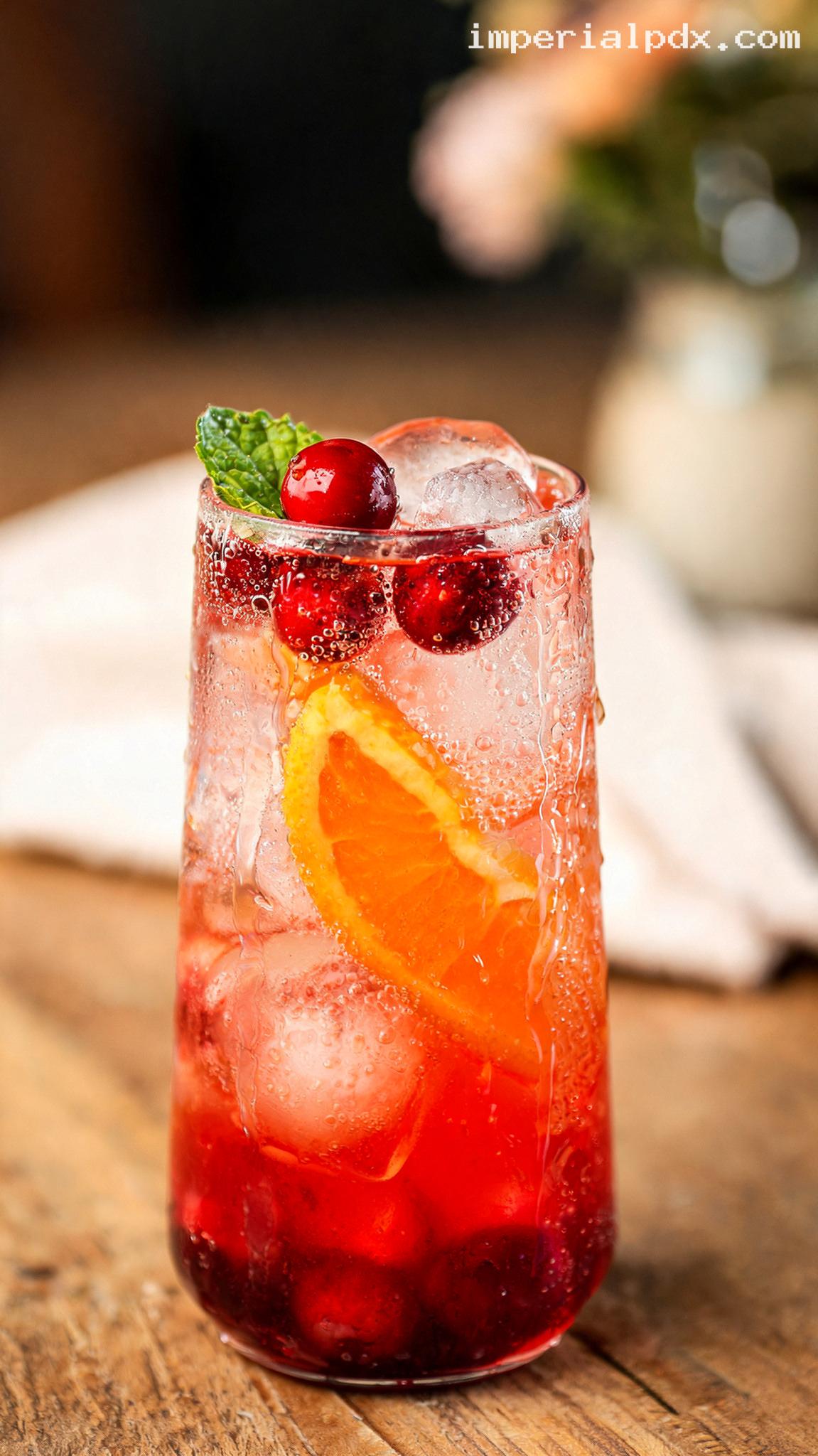 Cranberry Orange Cooler Over Ice – Closeup