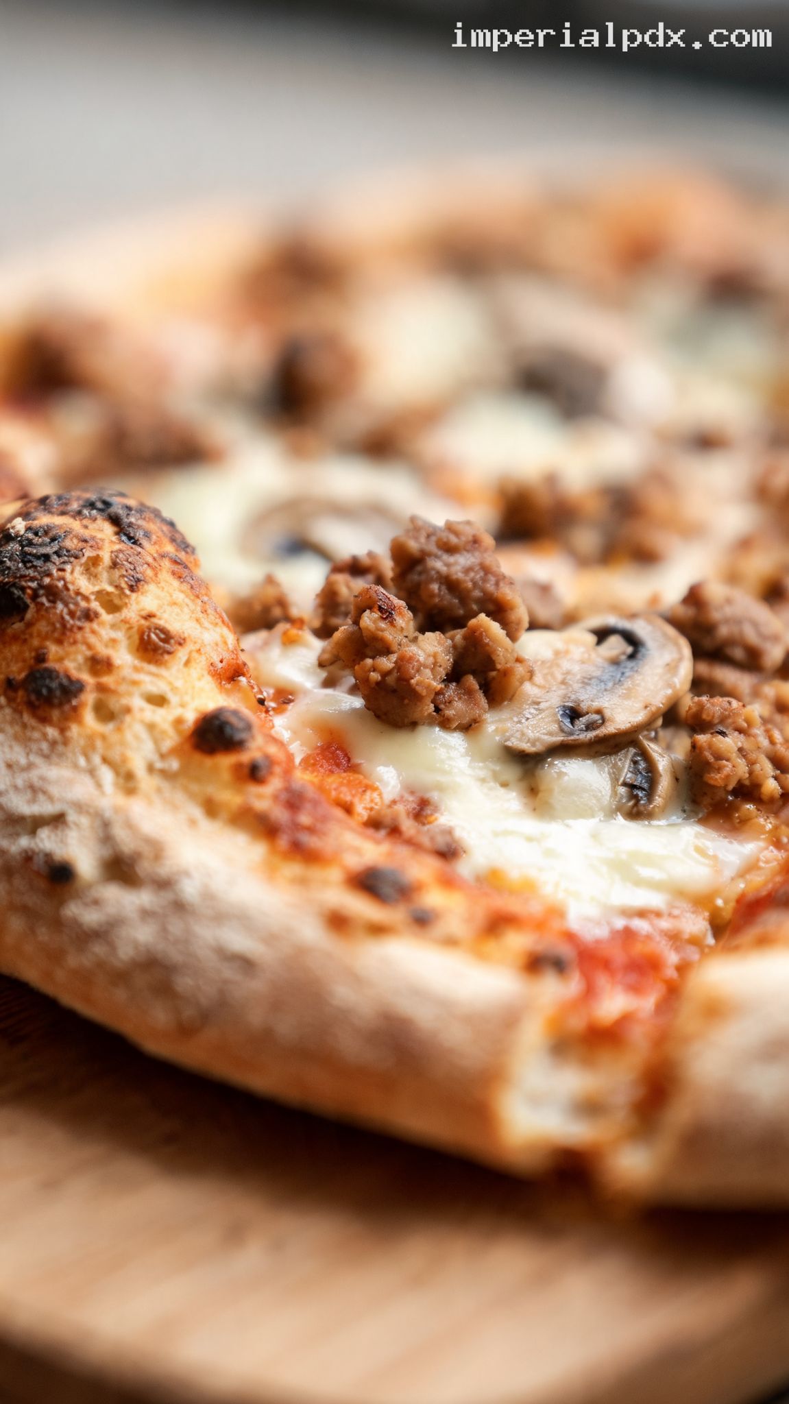 Creamy Pizza Boscaiola With Sausage and Mushrooms – Closeup