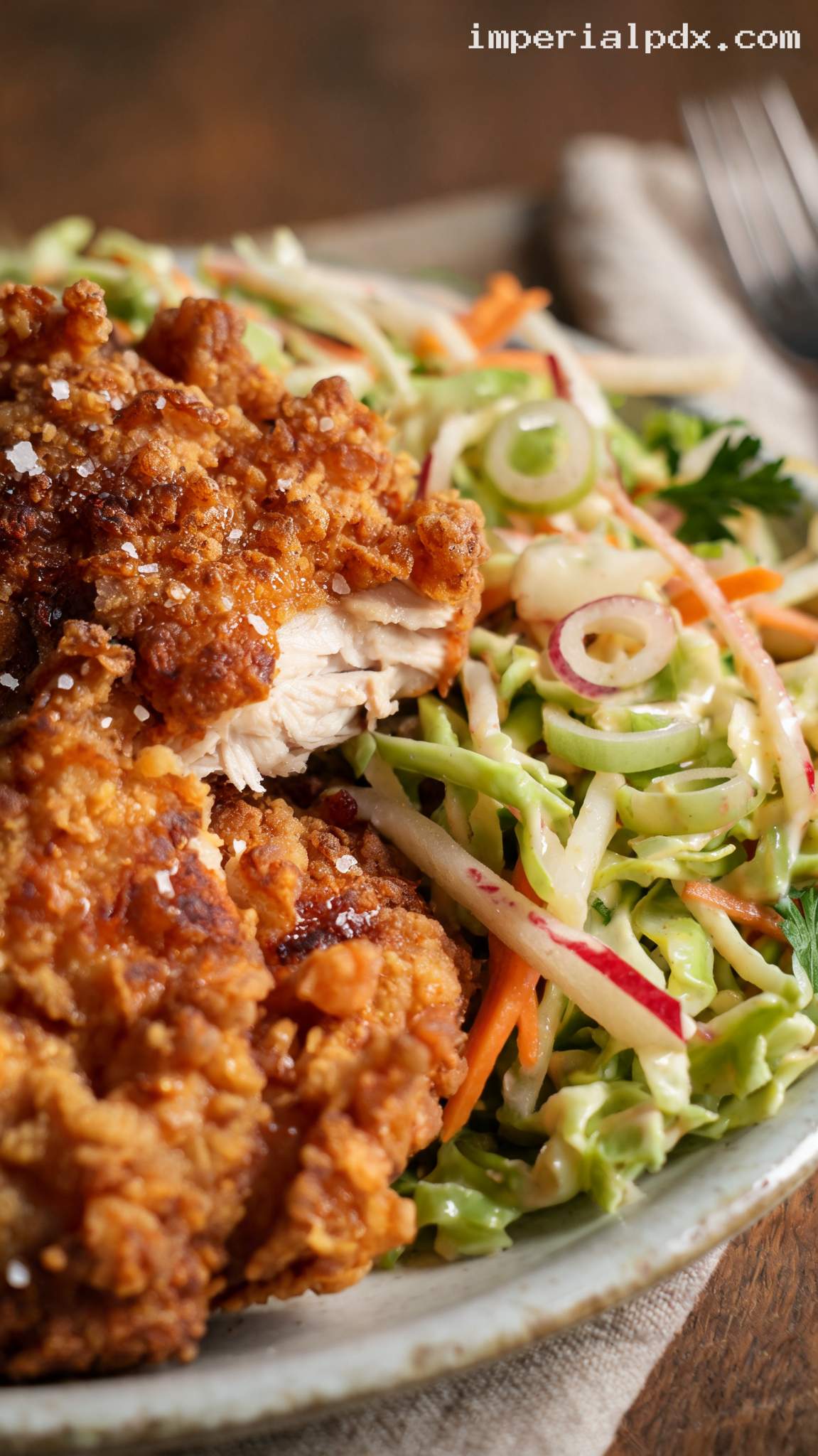 Crispy Chicken With Apple Cabbage Slaw – Closeup