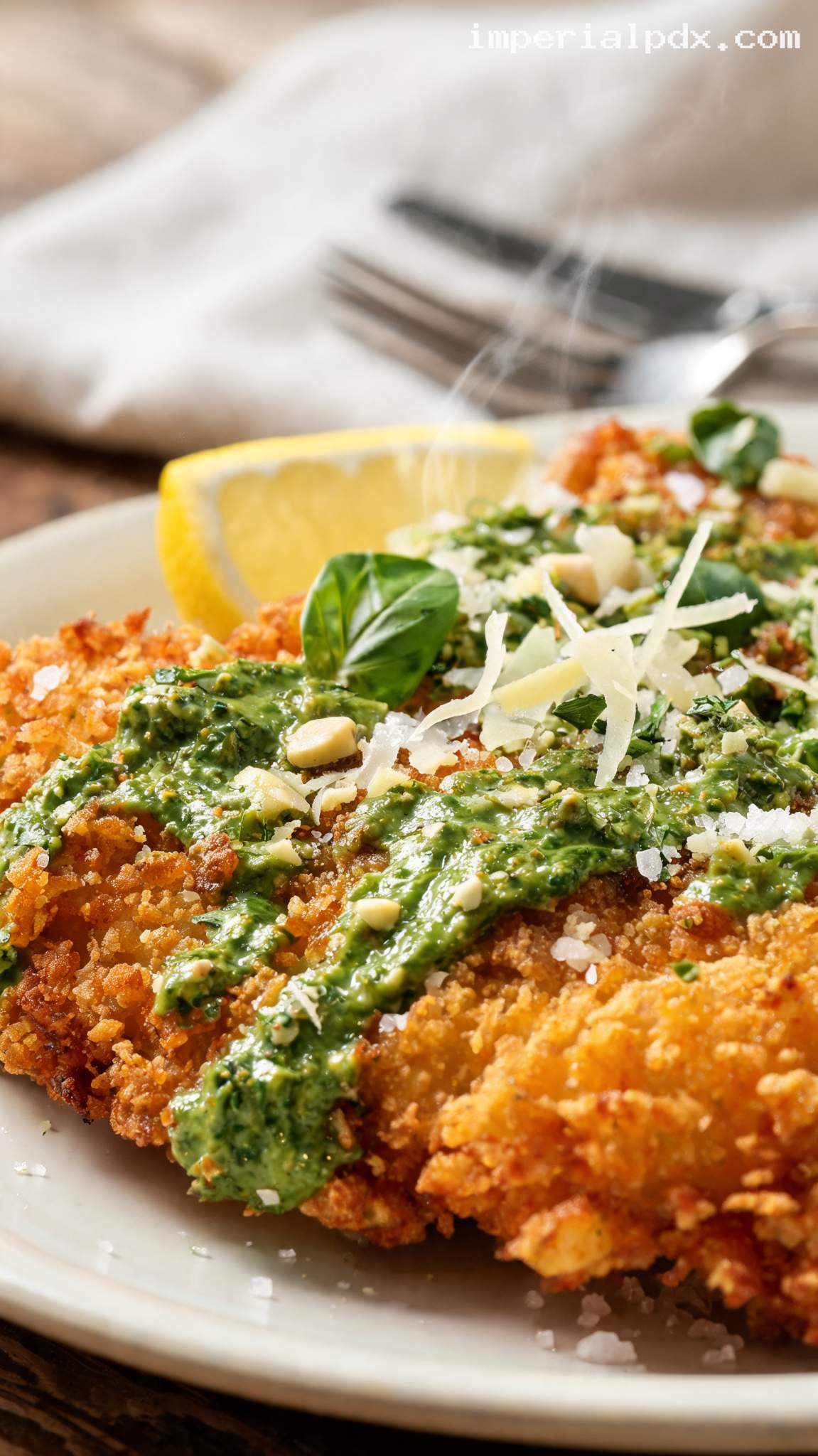Crispy Chicken with Basil Pesto Drizzle – Closeup