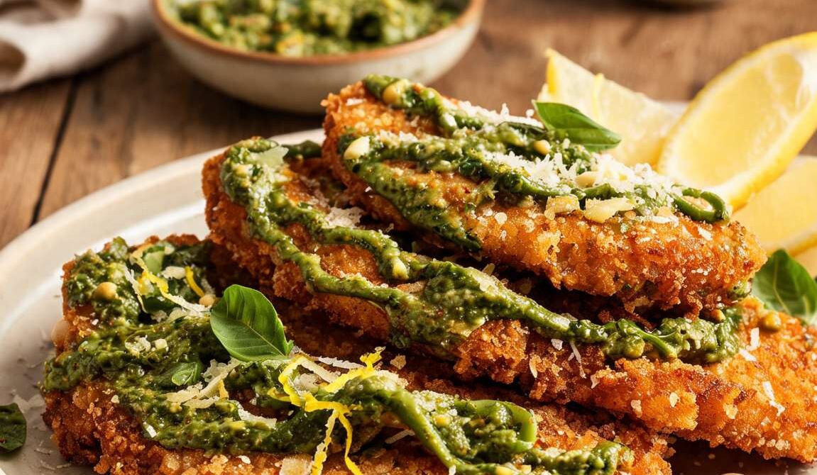 Crispy Chicken with Basil Pesto Drizzle