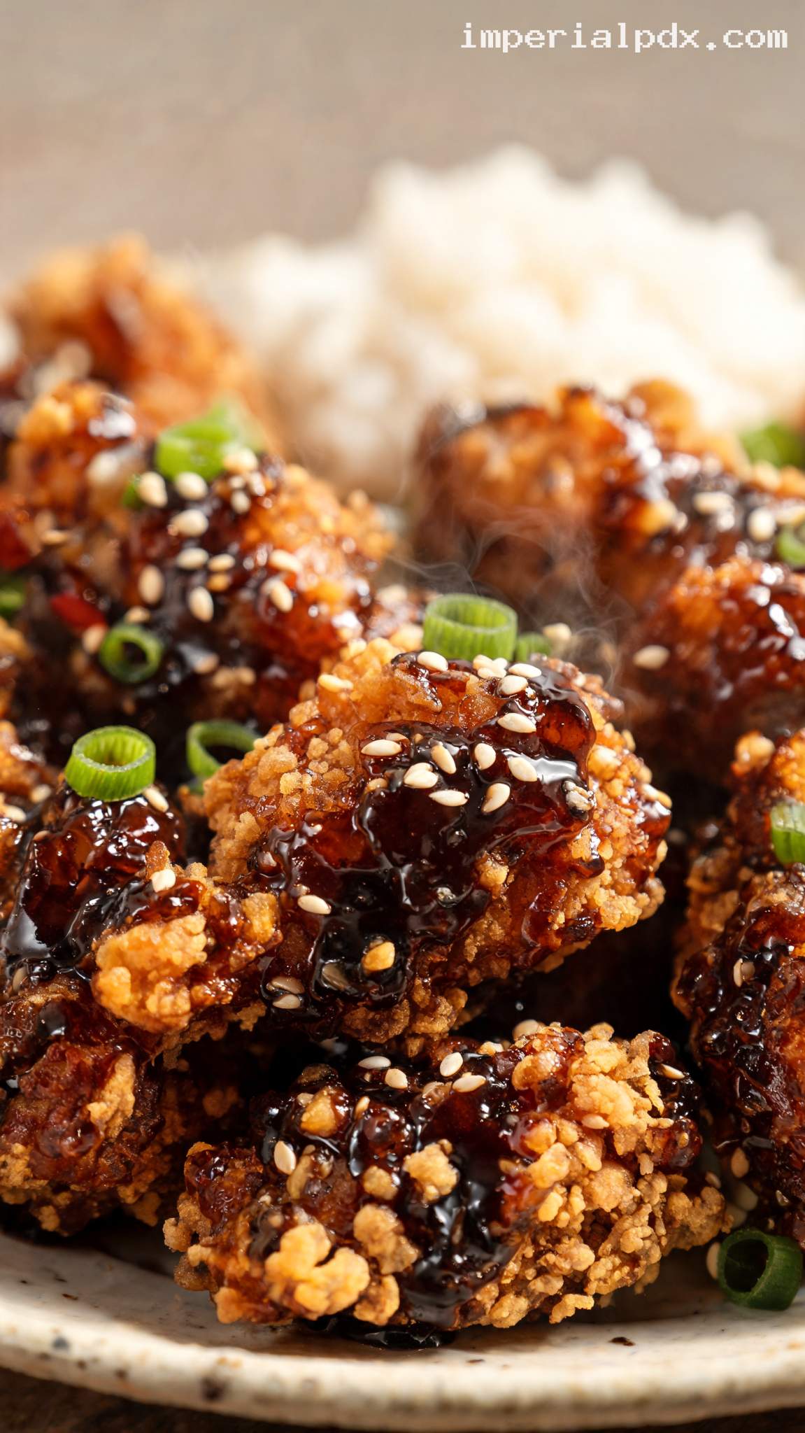Crispy Chicken with Black Garlic Sauce – Closeup
