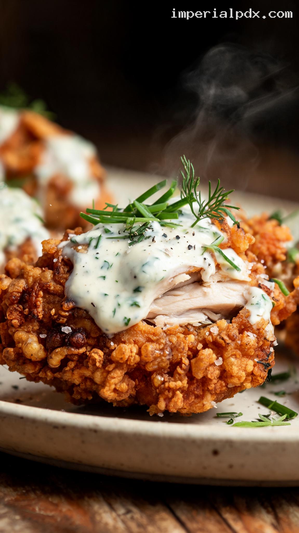 Crispy Chicken With Herbed Buttermilk Ranch Drizzle – Closeup