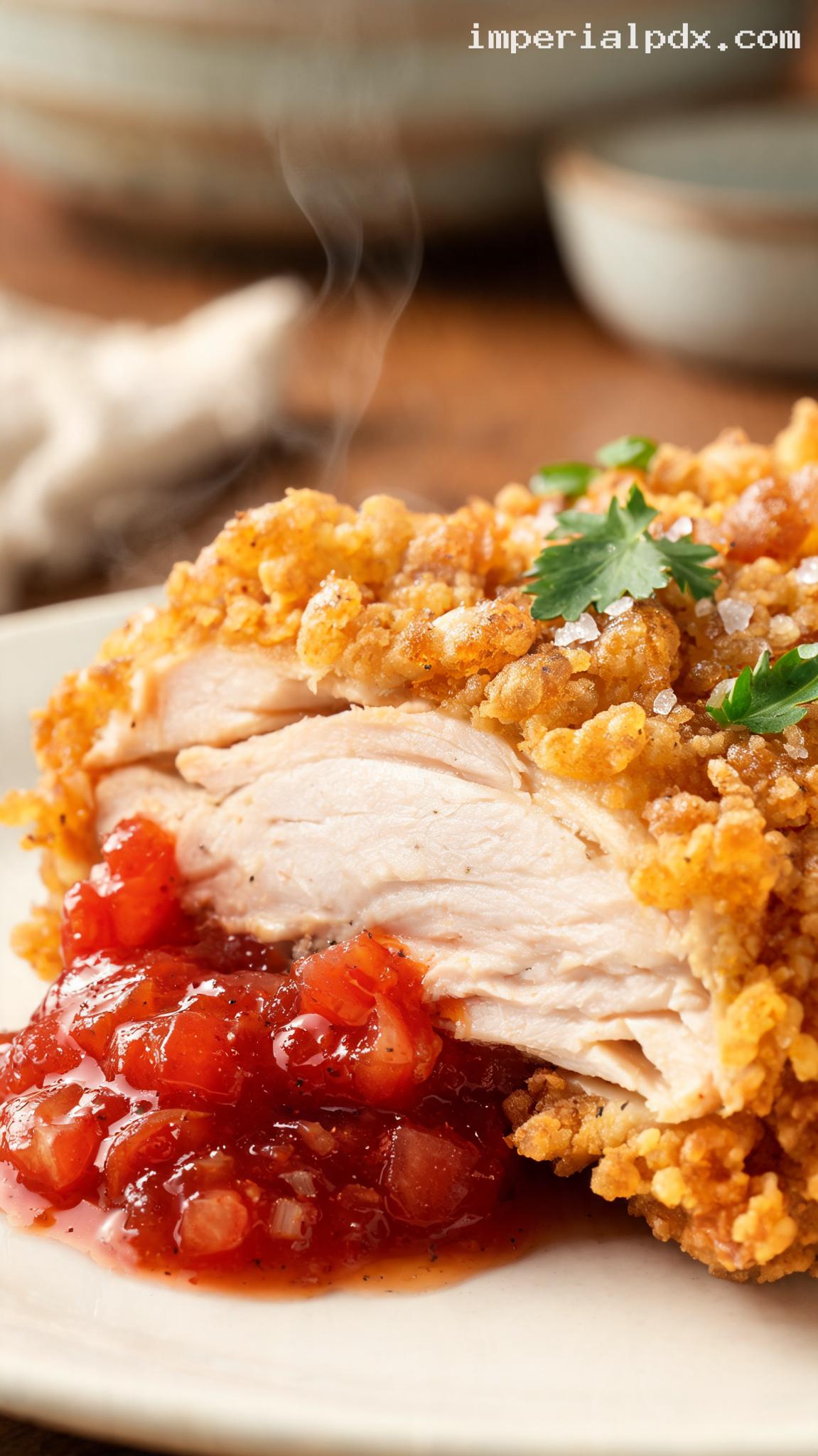 Crispy Chicken with Sweet-Savory Tomato Jam – Closeup