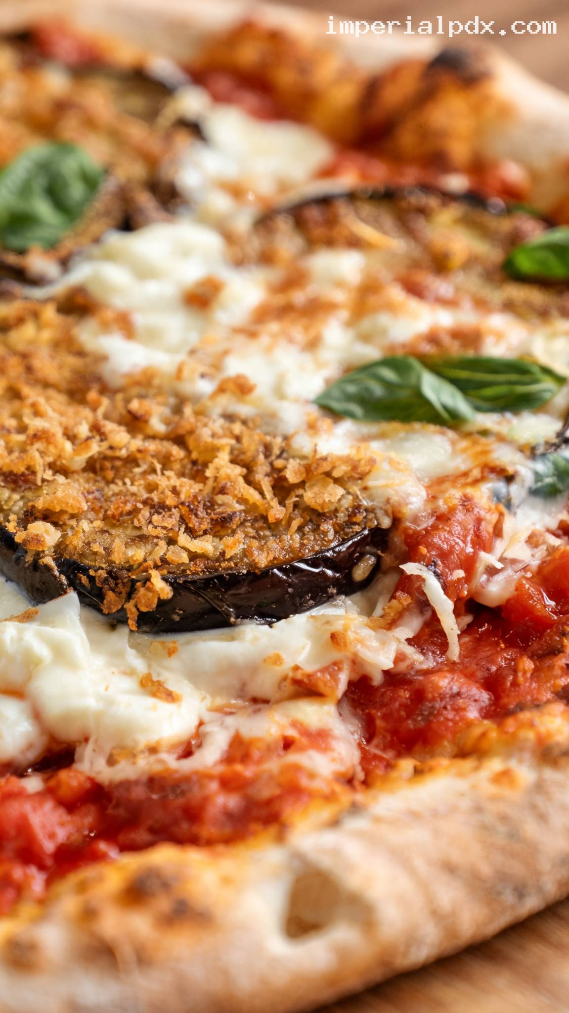 Crispy Eggplant Parmigiana Pizza with Basil – Closeup