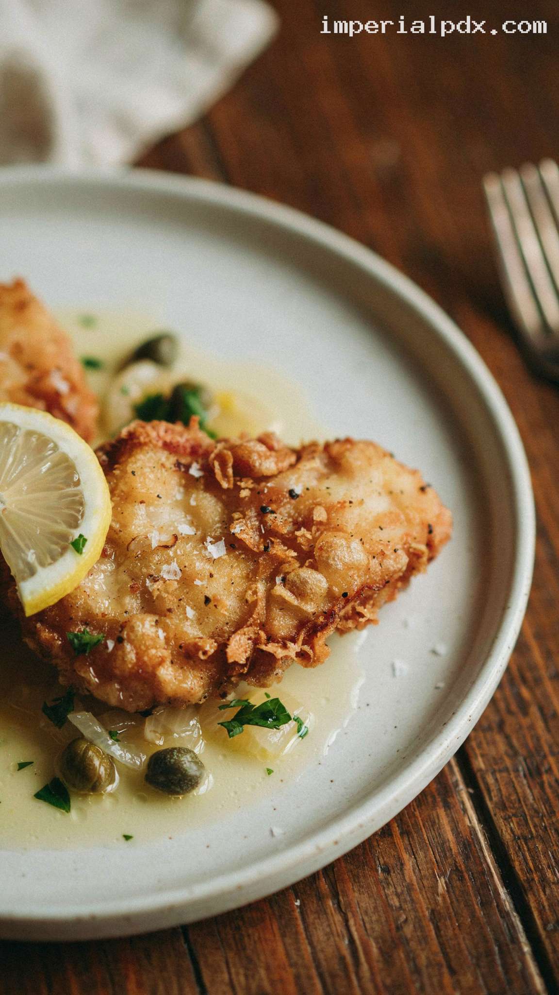 Crispy Fried Chicken Piccata With Lemon Caper Butter – Closeup