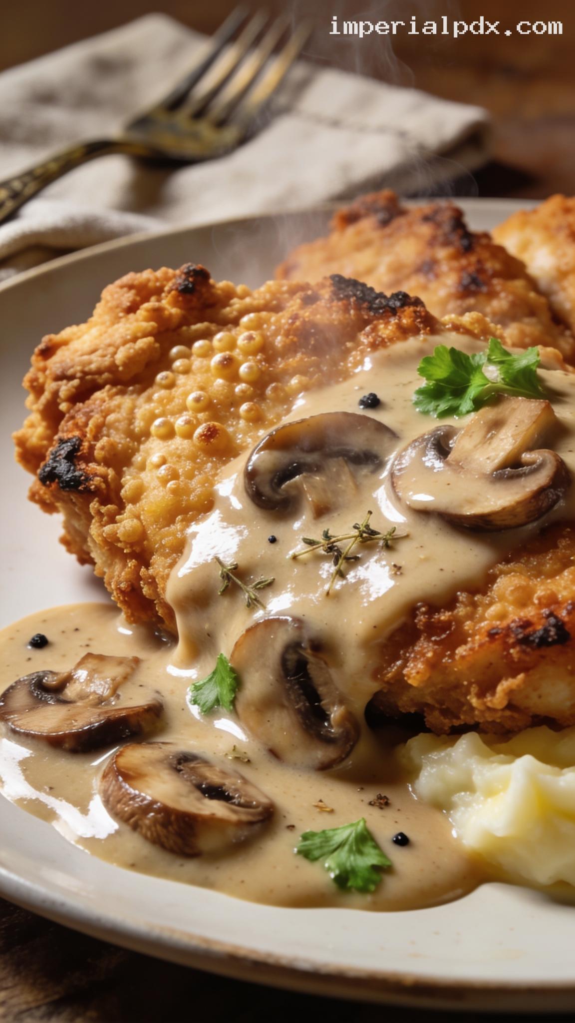 Crispy Fried Chicken With Mushroom Gravy – Closeup