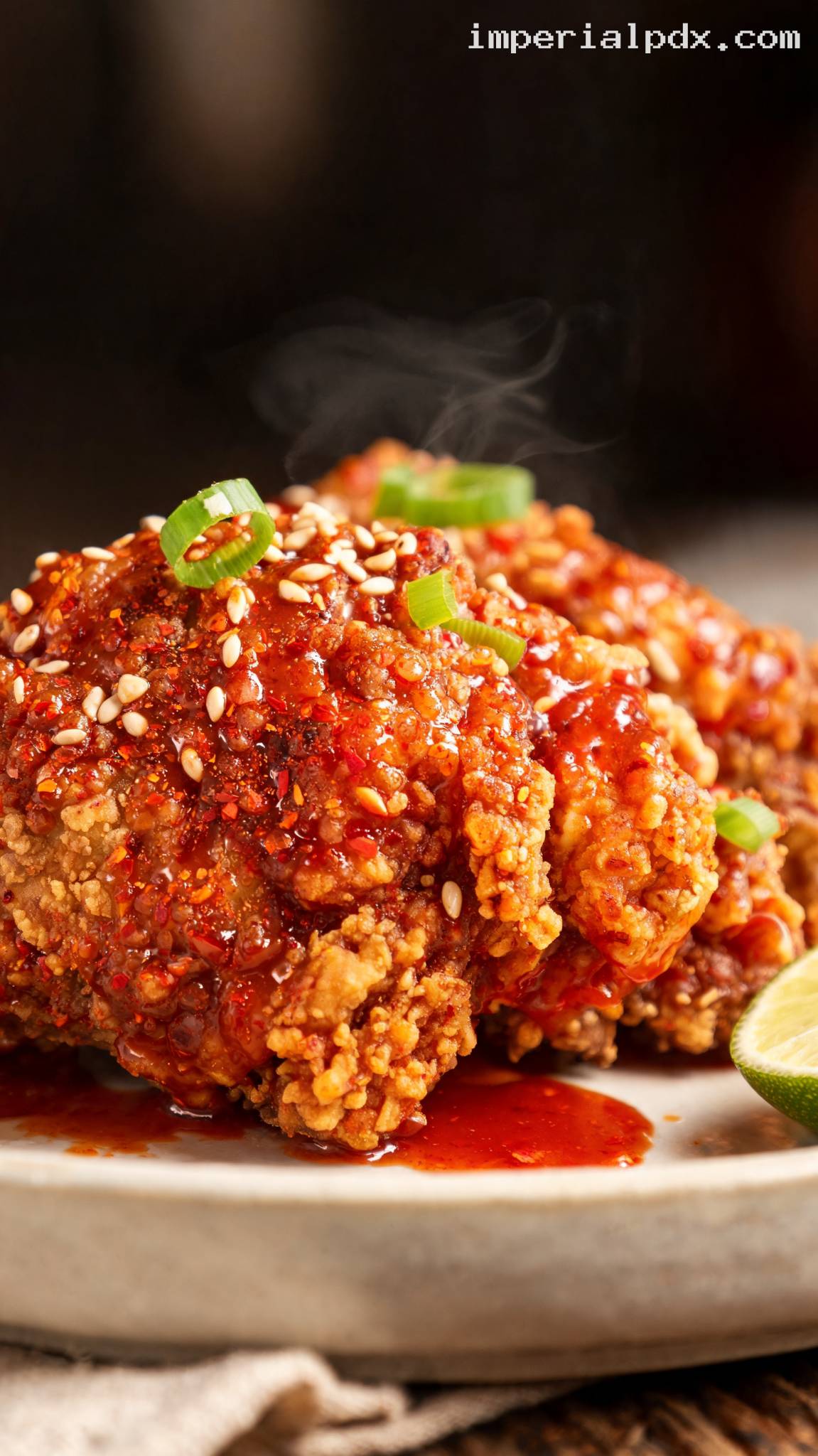 Crispy Gochugaru Honey Fried Chicken – Closeup