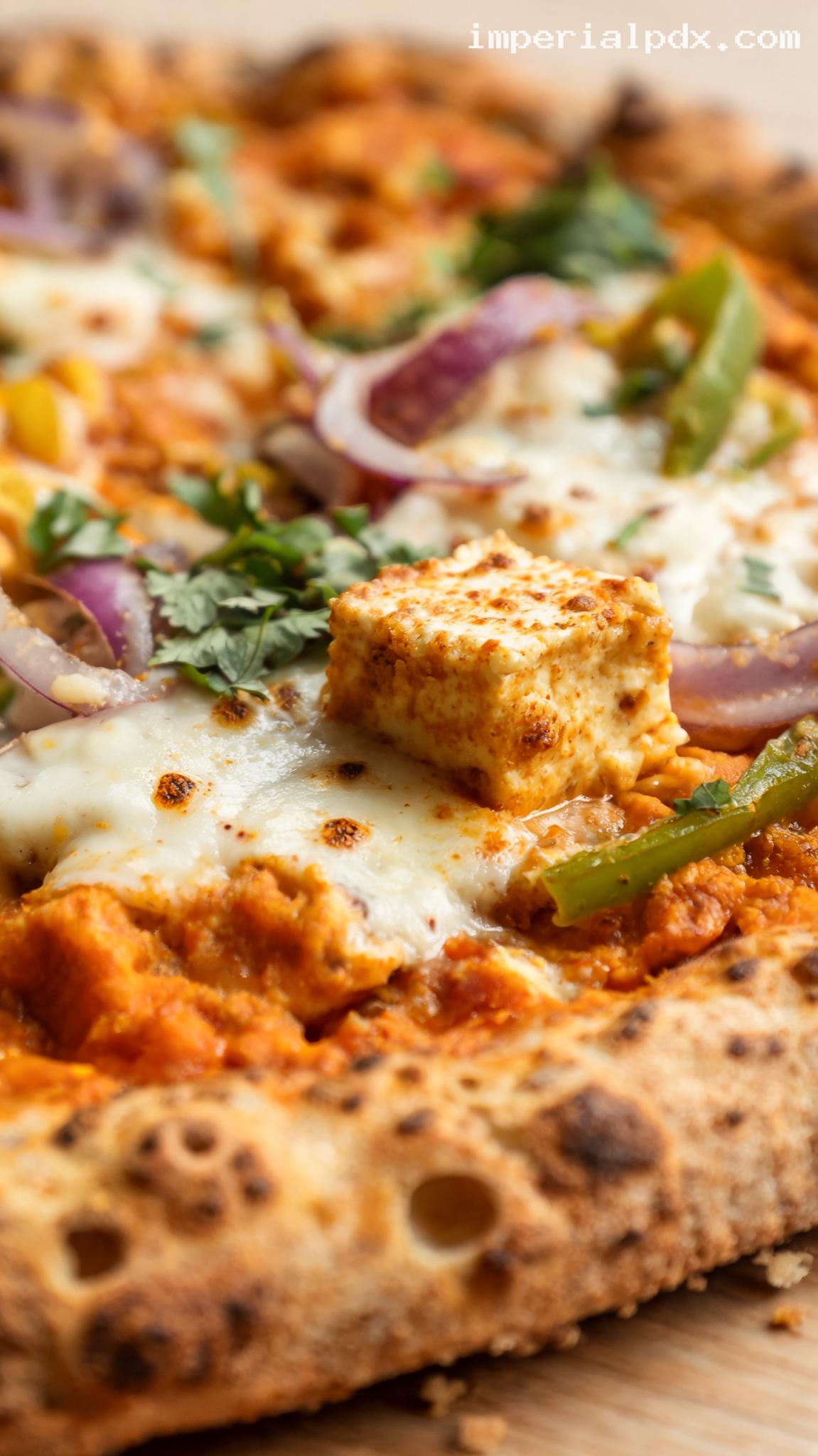 Curried Paneer Pizza With Tikka Tomato Sauce – Closeup