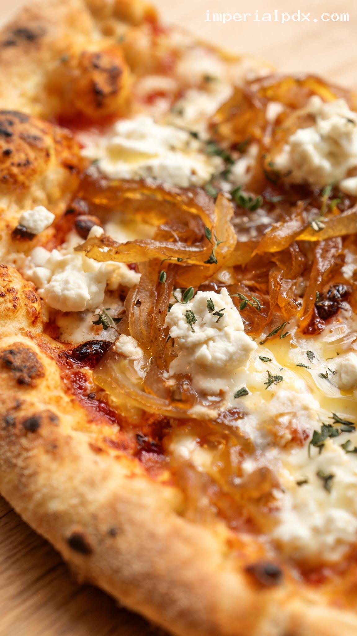 Goat Cheese and Caramelized Onion Pizza – Closeup
