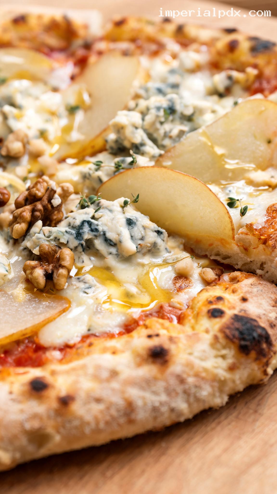 Gorgonzola, Pear, and Walnut White Pizza – Closeup