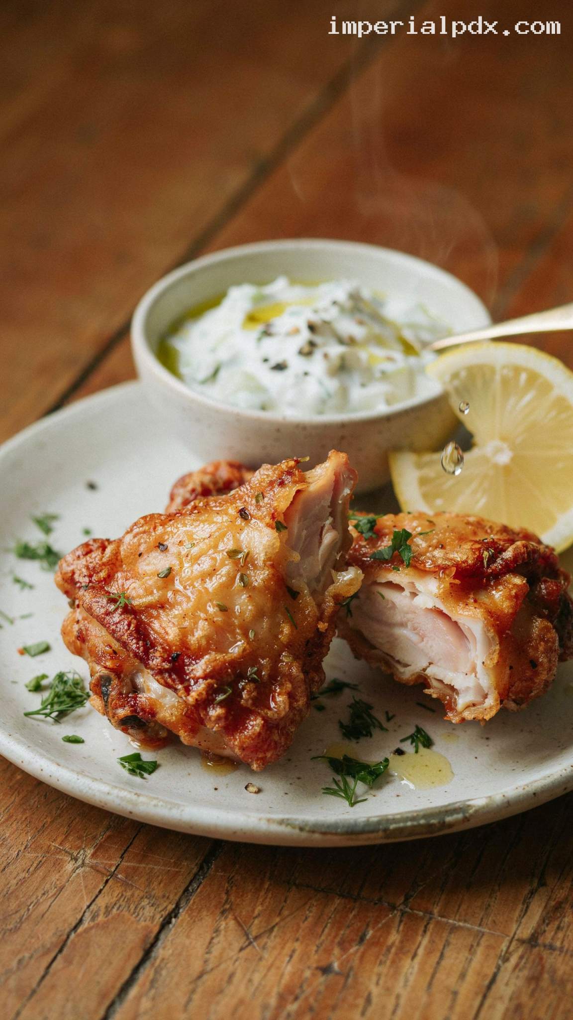 Greek-Style Fried Chicken with Tzatziki – Closeup