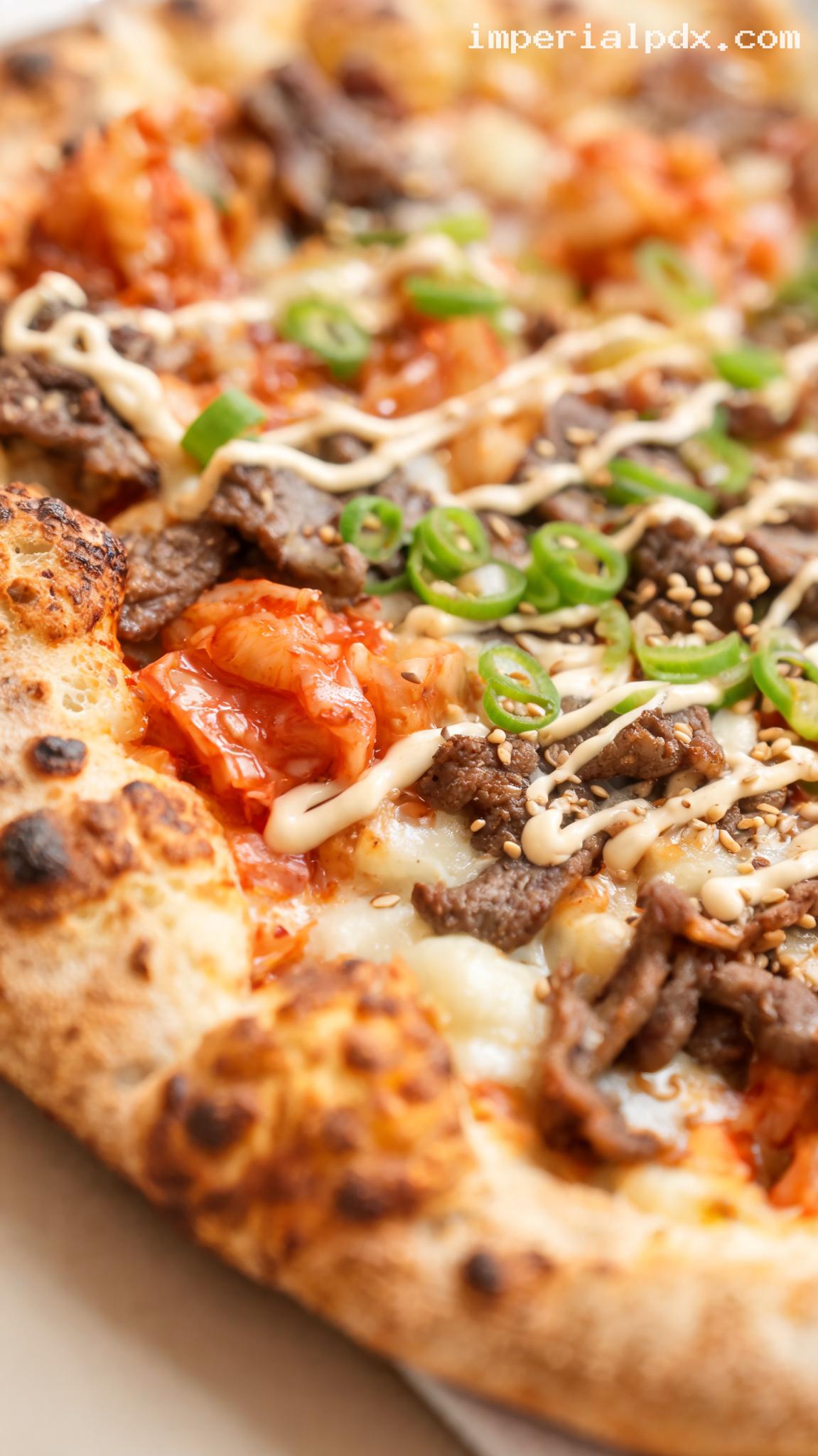 Korean Bulgogi Pizza With Kimchi And Sesame Mayo – Closeup
