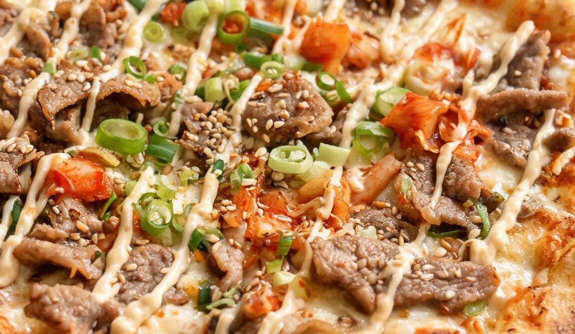 Korean Bulgogi Pizza With Kimchi And Sesame Mayo