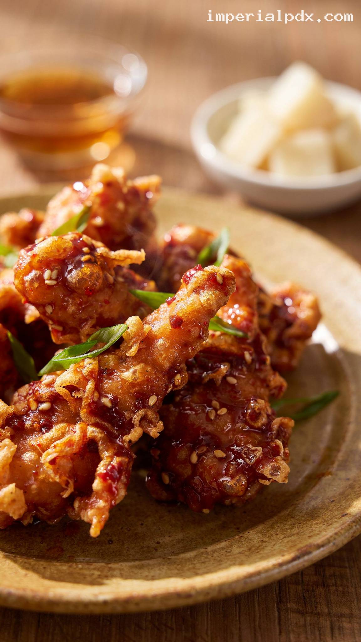 Korean Double-Fried Chicken With Gochujang Sauce – Closeup