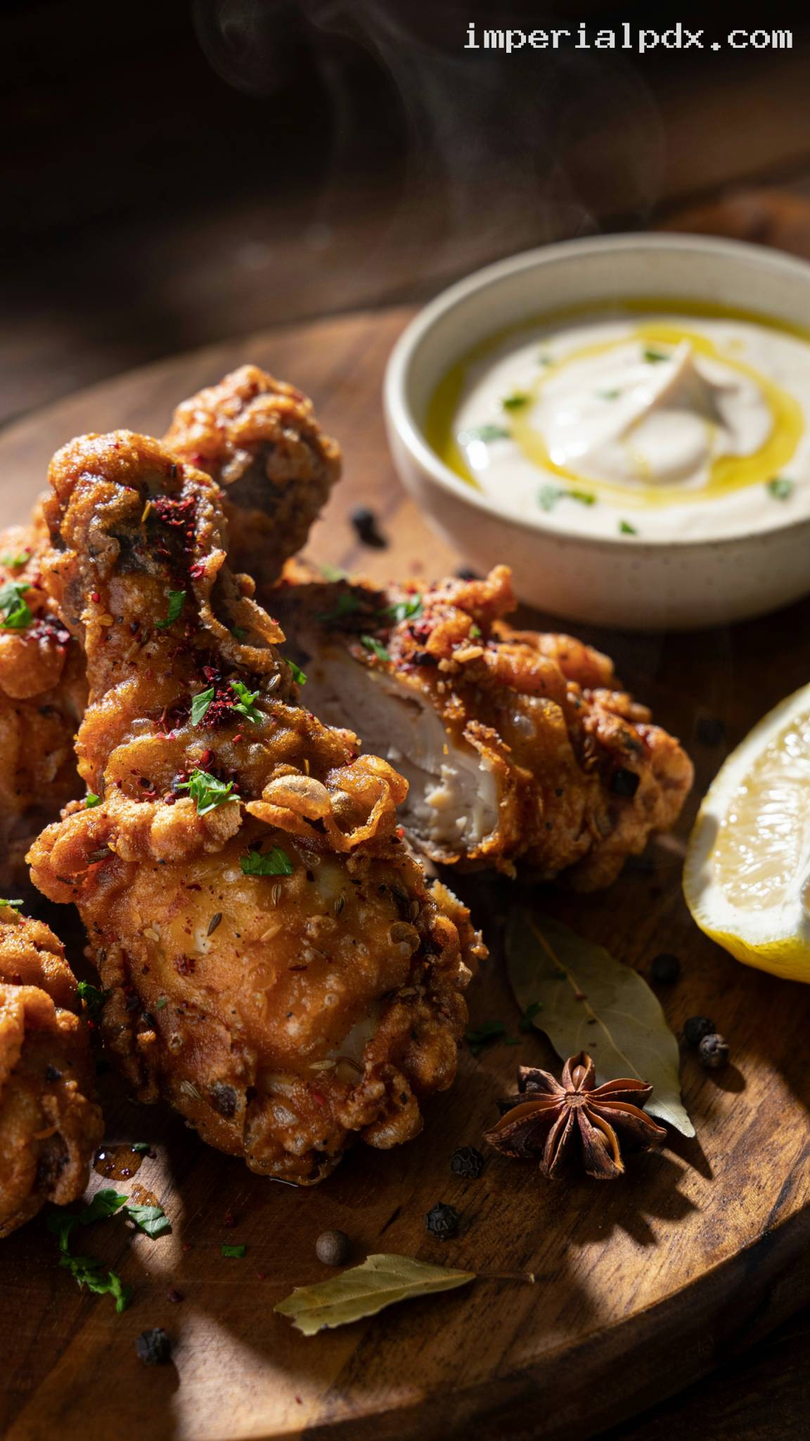 Lebanese Spiced Fried Chicken with Lemon Yogurt Dip – Closeup
