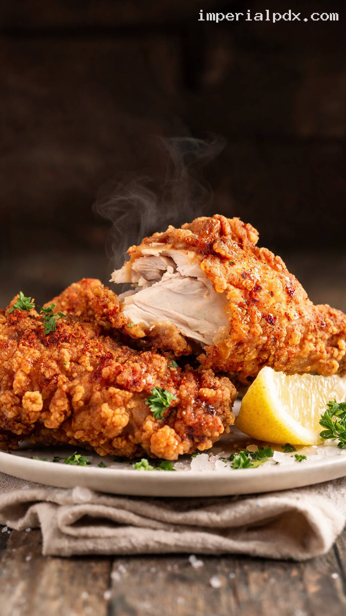 Lemon Garlic Yogurt-Marinated Fried Chicken – Closeup