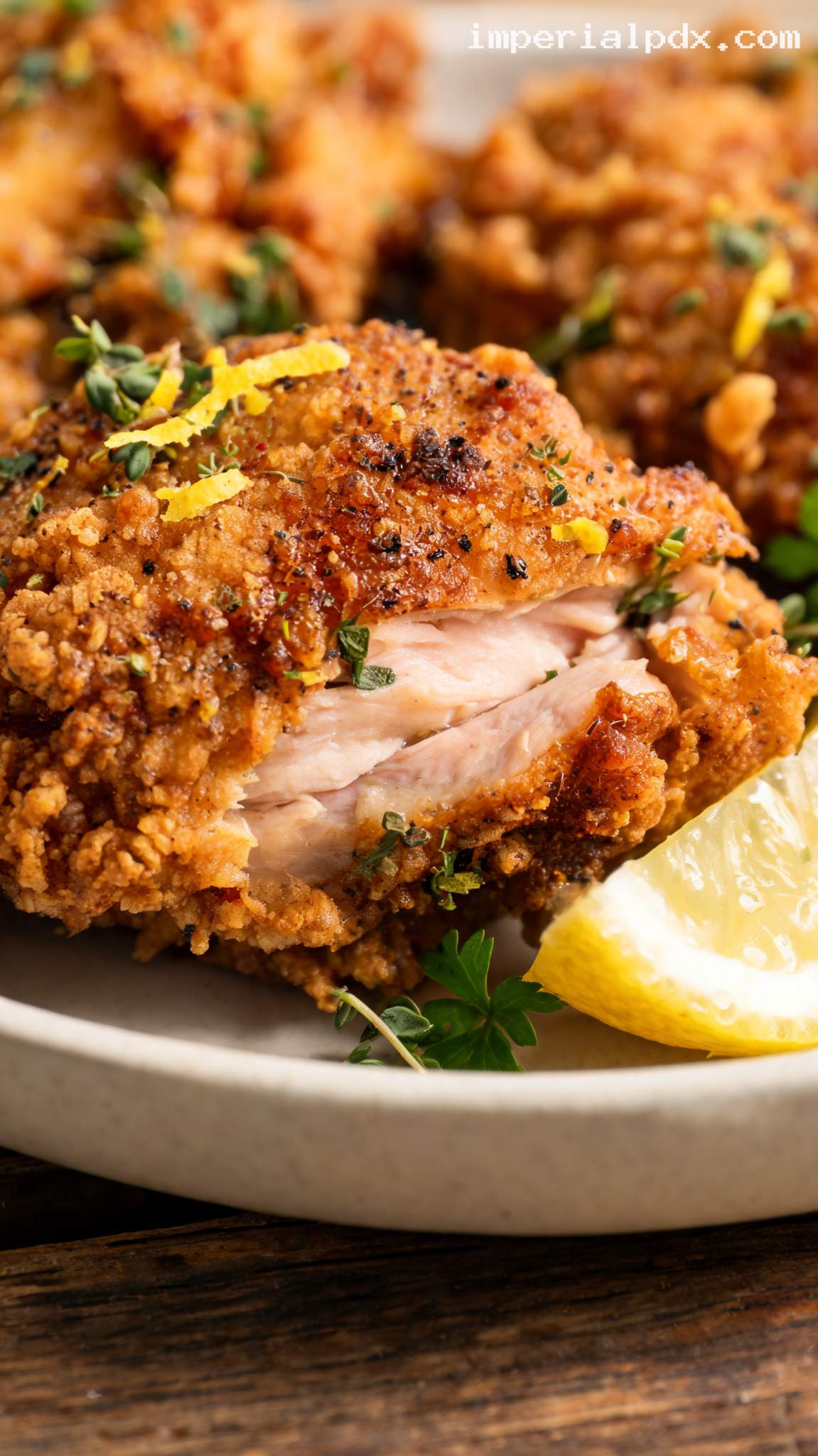 Lemon Herb Fried Chicken Thighs – Closeup