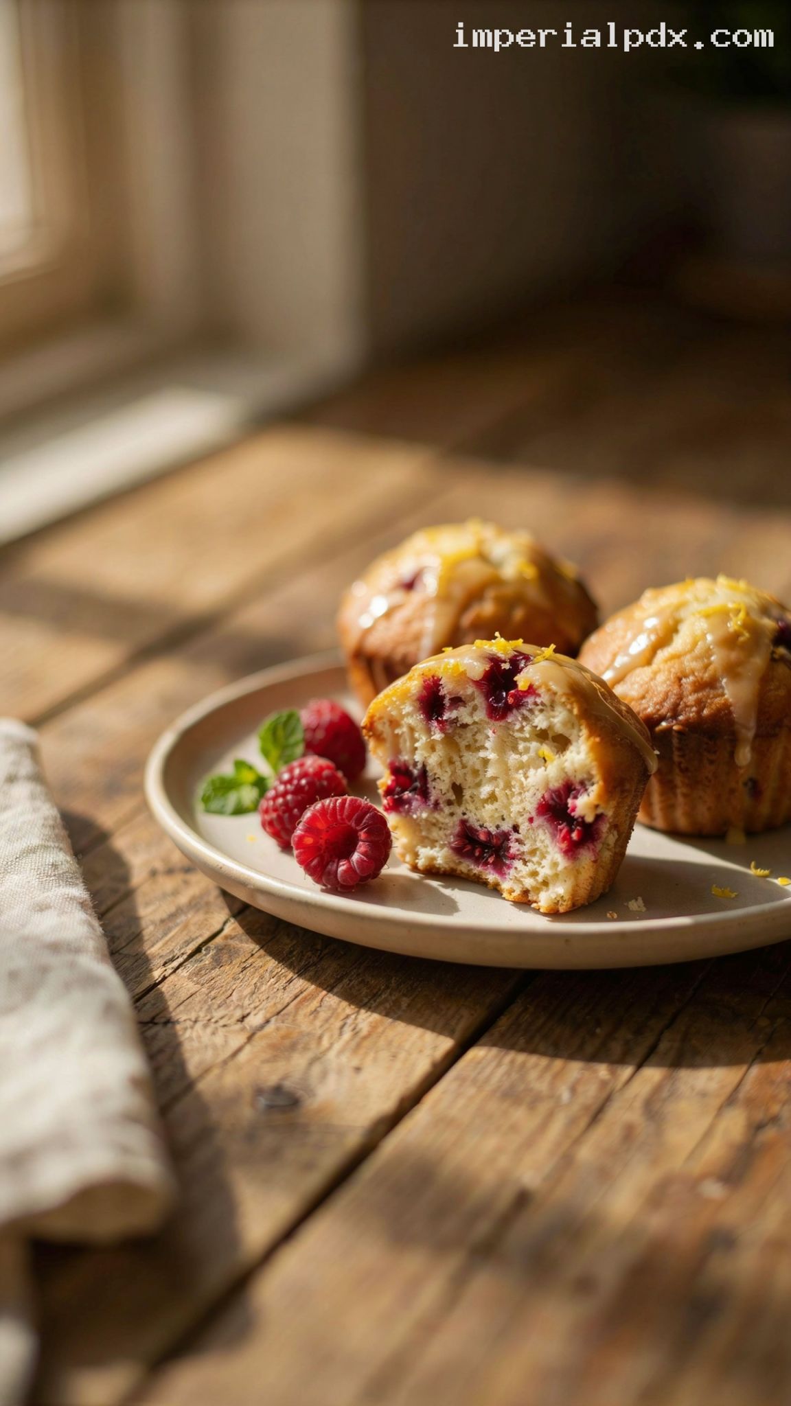 Lemon Raspberry Muffins With Light Lemon Glaze – Closeup