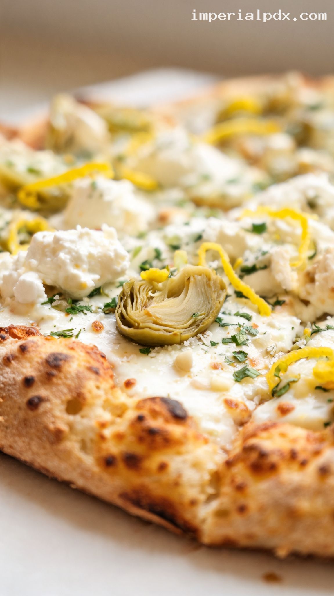 Lemony Artichoke White Pizza with Garlic – Closeup