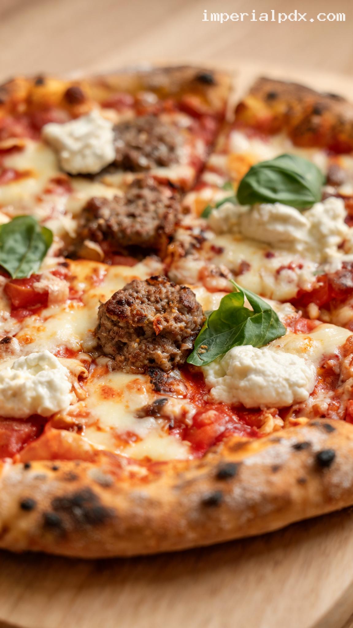 Meatball and Ricotta Pizza with Fresh Basil – Closeup