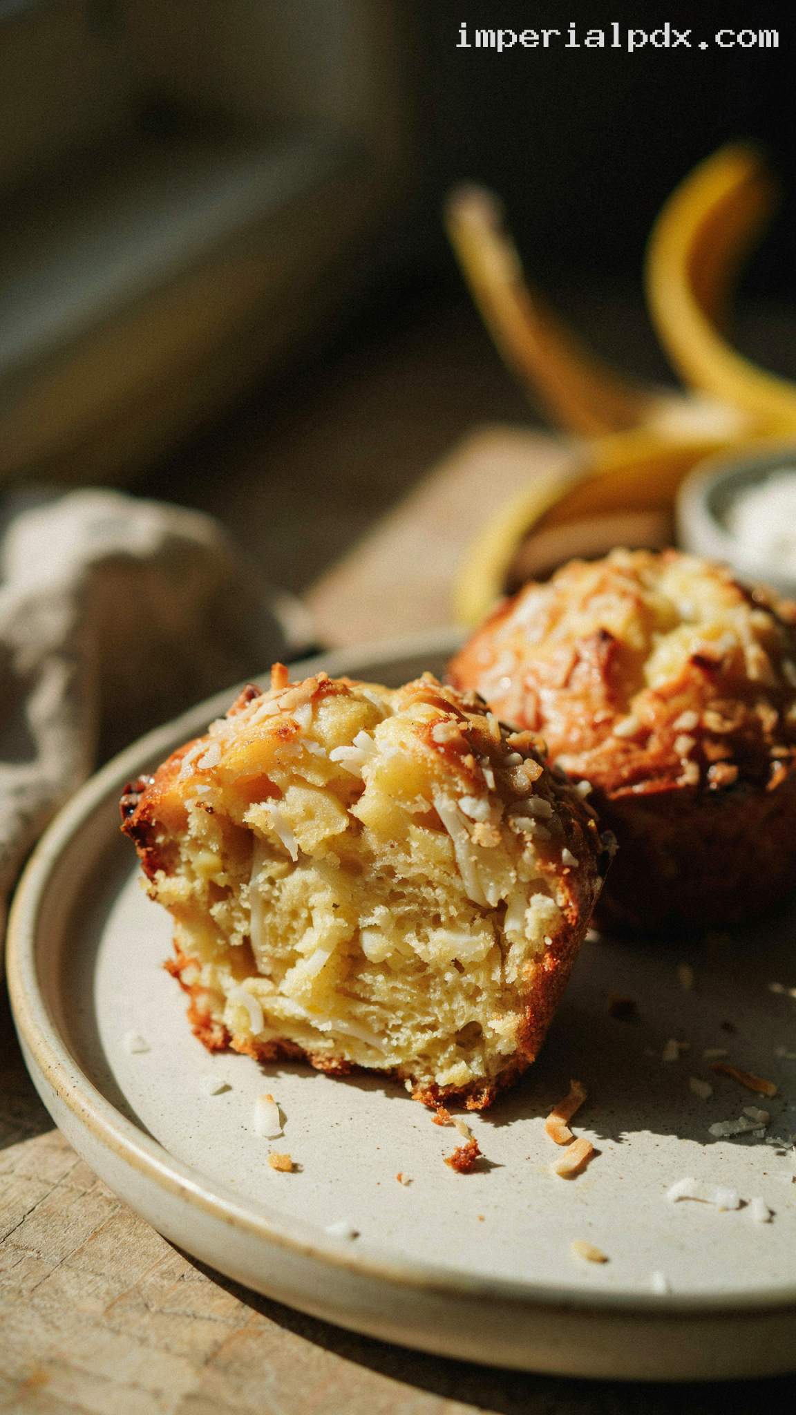 Moist Banana Coconut Muffins With Shredded Coconut – Closeup