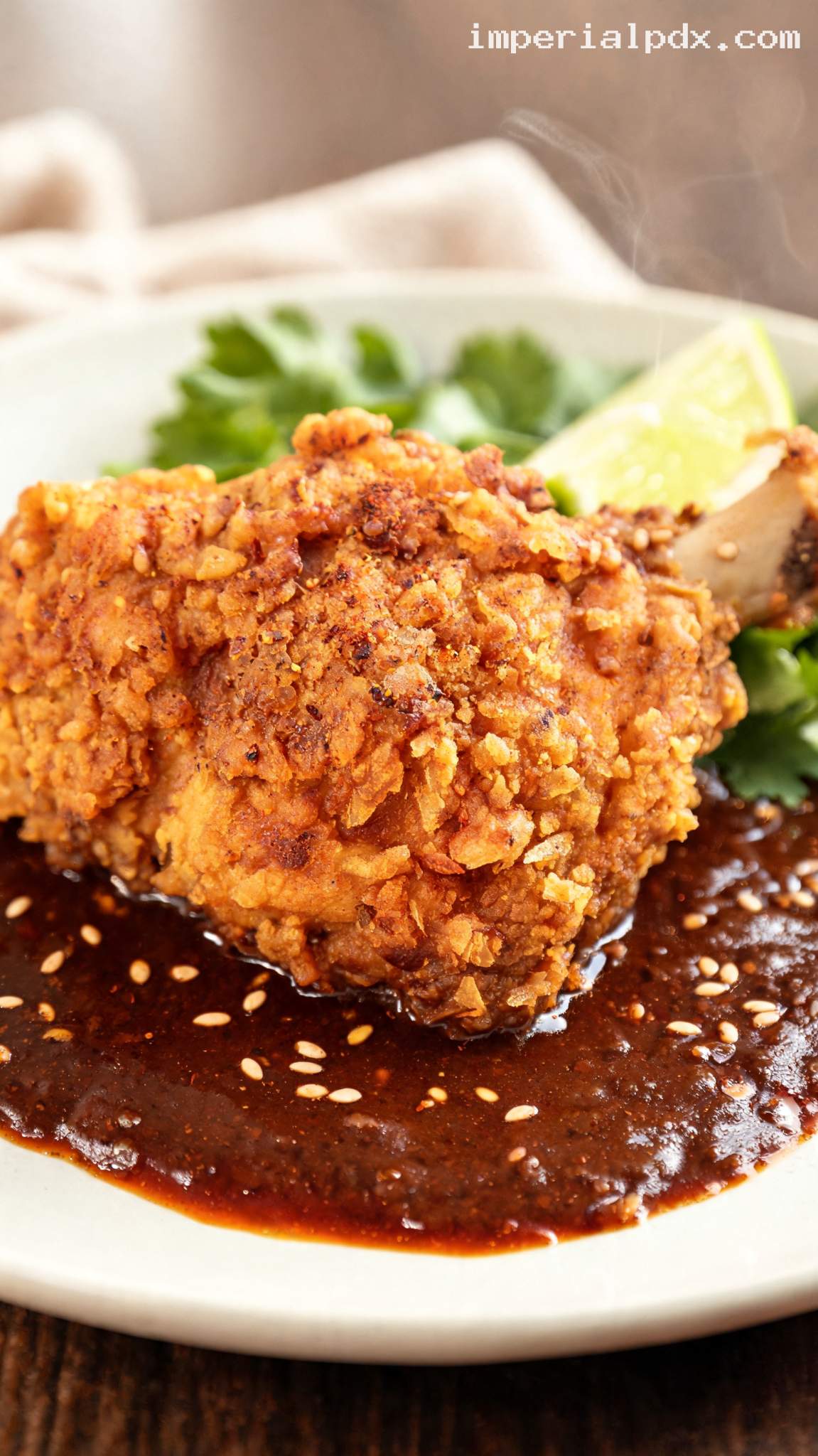 Mole-Inspired Fried Chicken With Chile Cocoa Sauce – Closeup