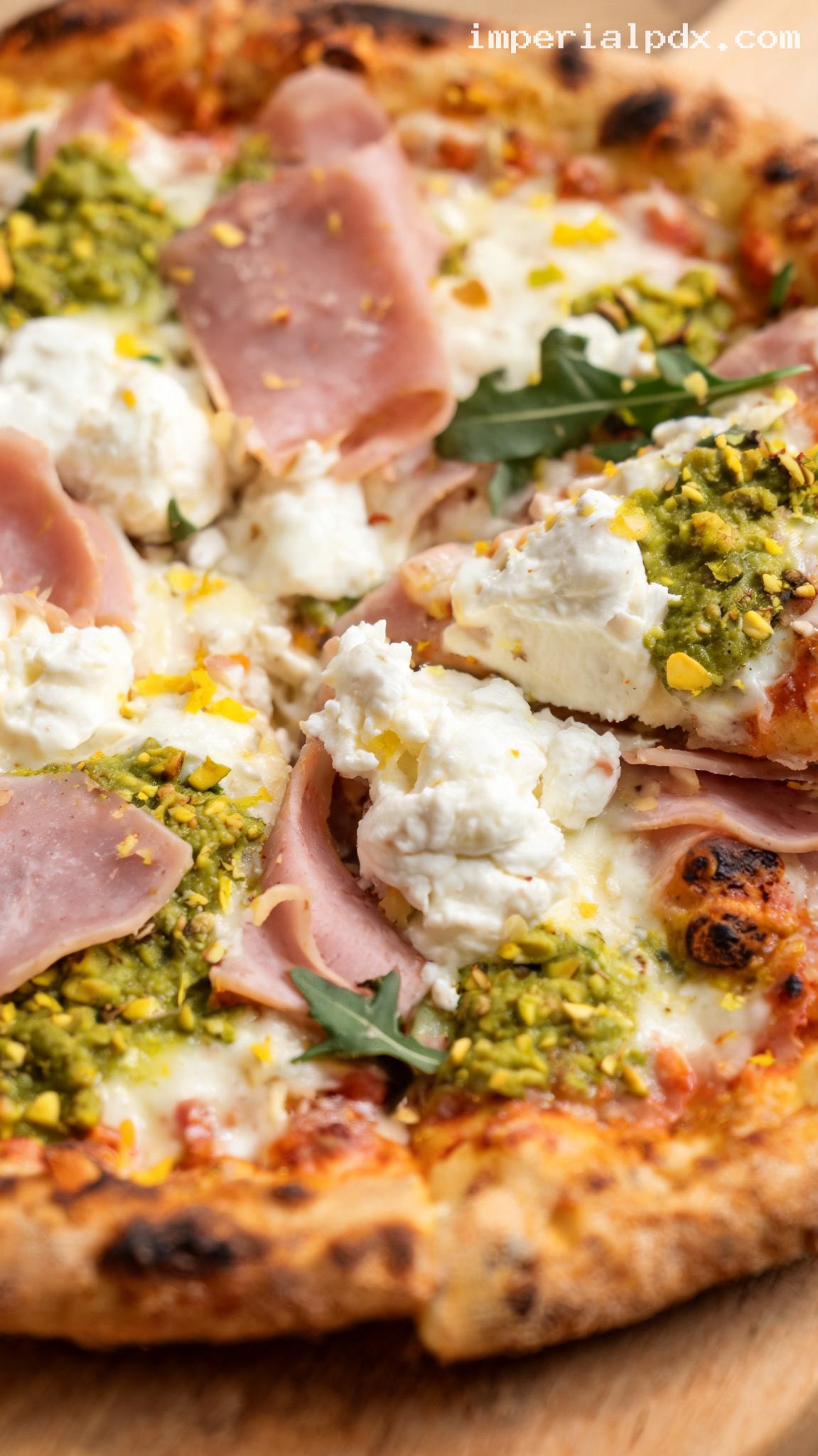 Mortadella Pizza With Pistachio Cream And Burrata – Closeup