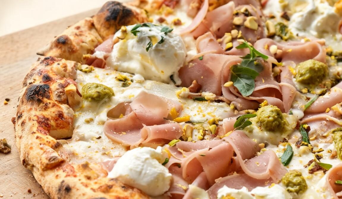 Mortadella Pizza With Pistachio Cream And Burrata