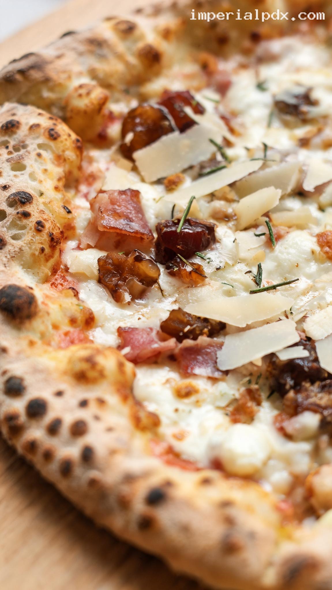 Pancetta, Date, and Manchego Pizza – Closeup