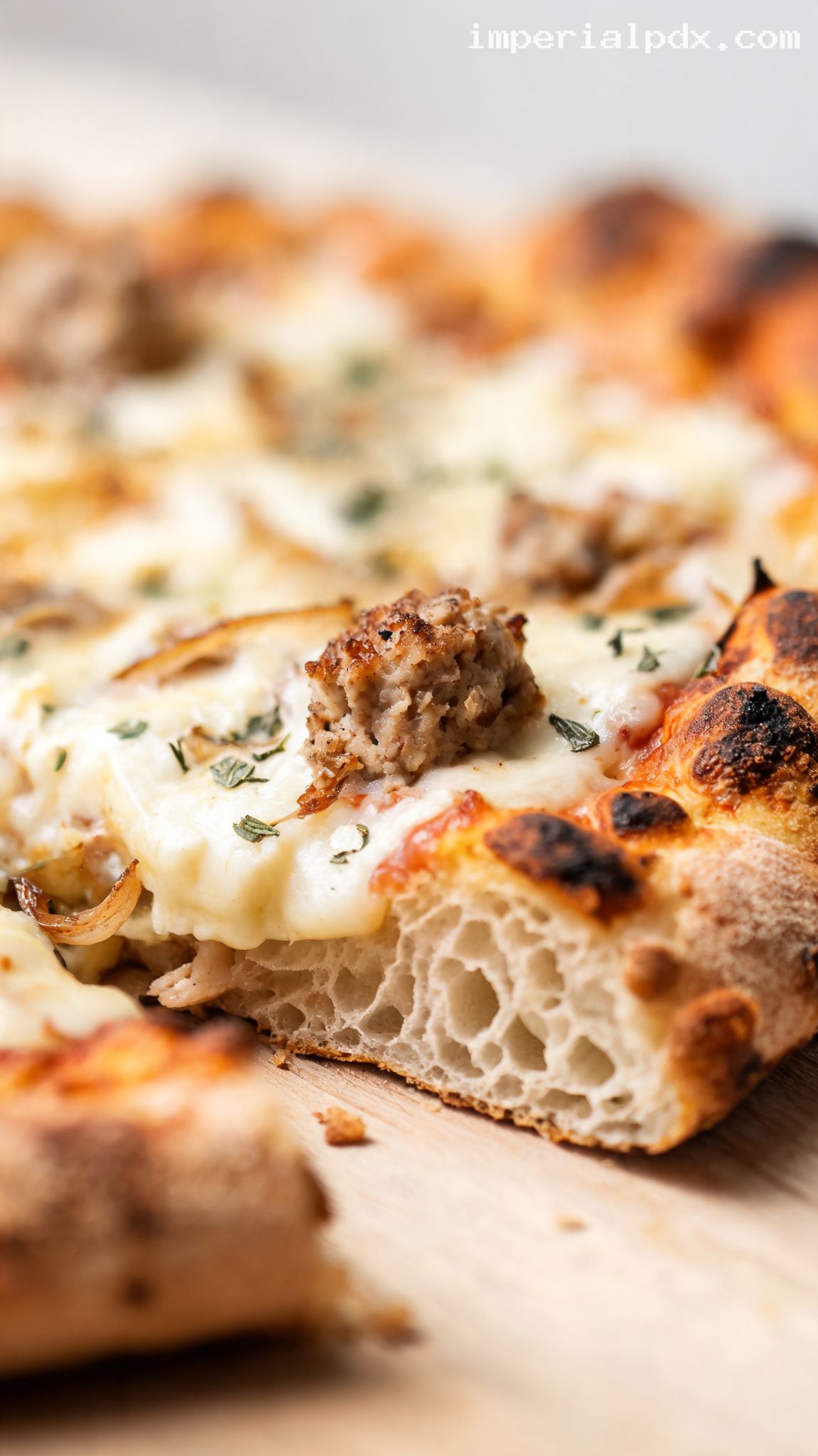 Pizza Bianca With Sausage and Caramelized Onions – Closeup