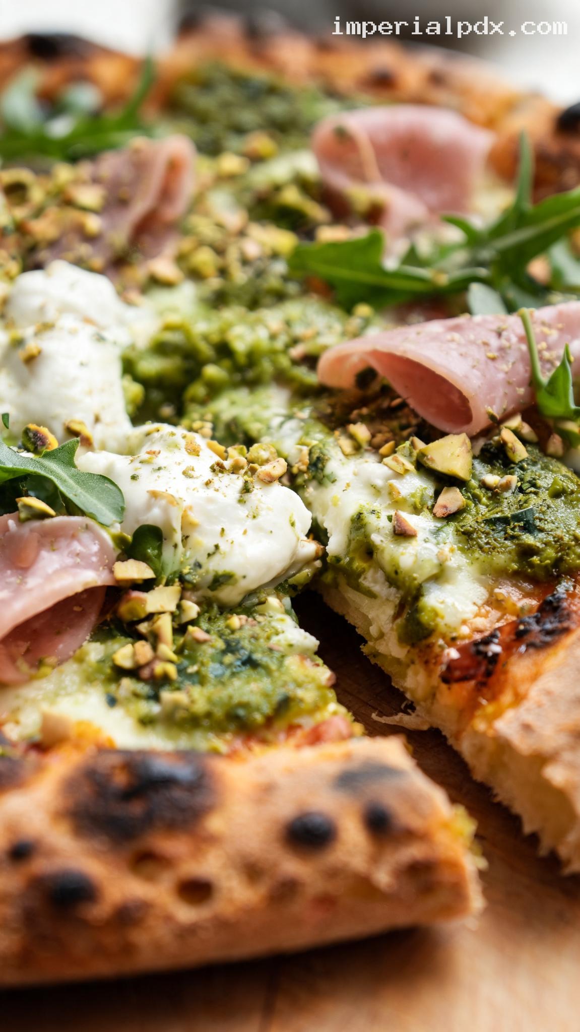 Pizza Verde With Pistachio Pesto and Mortadella – Closeup