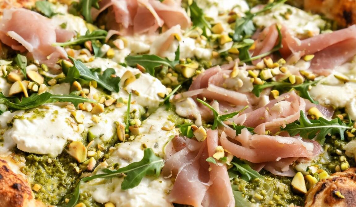 Pizza Verde With Pistachio Pesto and Mortadella