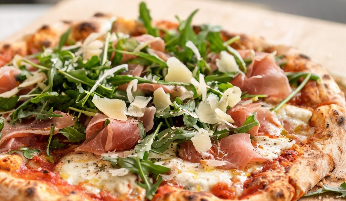 Prosciutto and Arugula Pizza With Shaved Parmesan