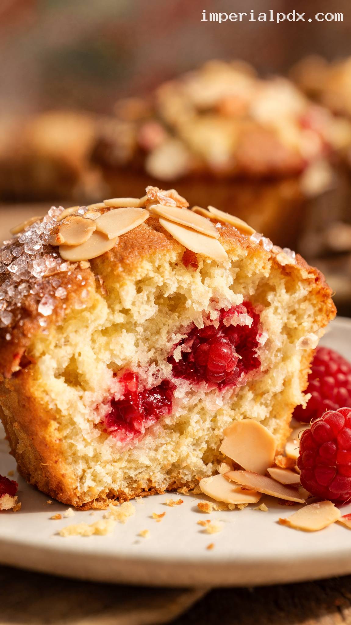 Raspberry Almond Muffins With Sliced Almonds – Closeup