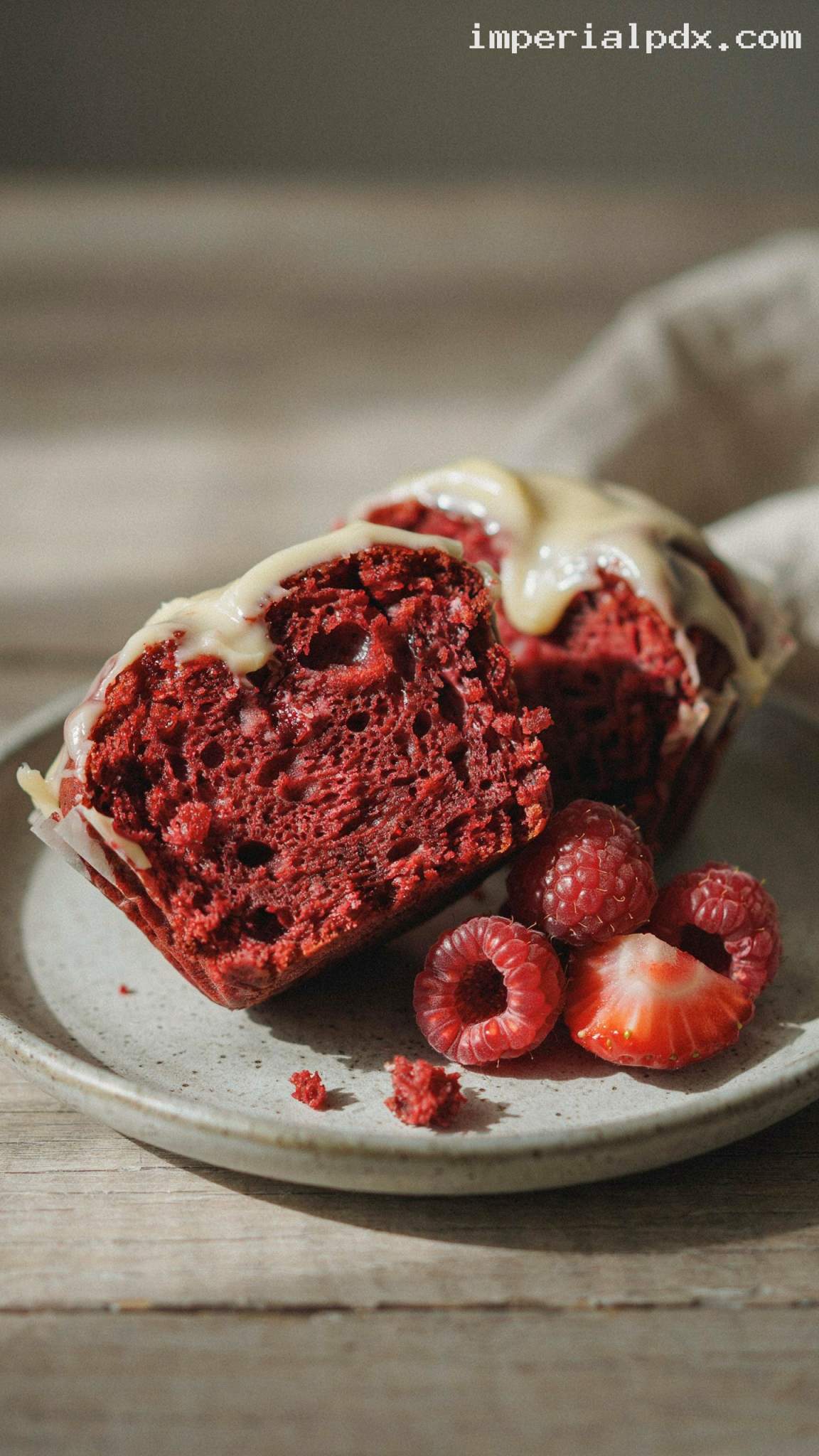 Red Velvet Muffins With Cream Cheese Glaze – Closeup