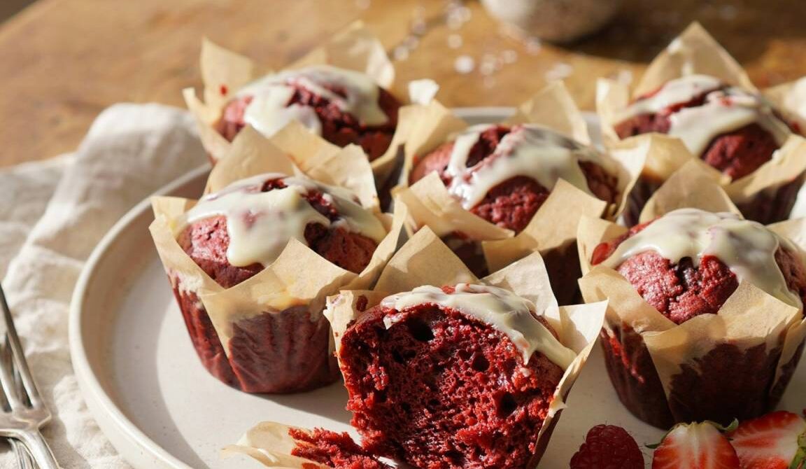 Red Velvet Muffins With Cream Cheese Glaze
