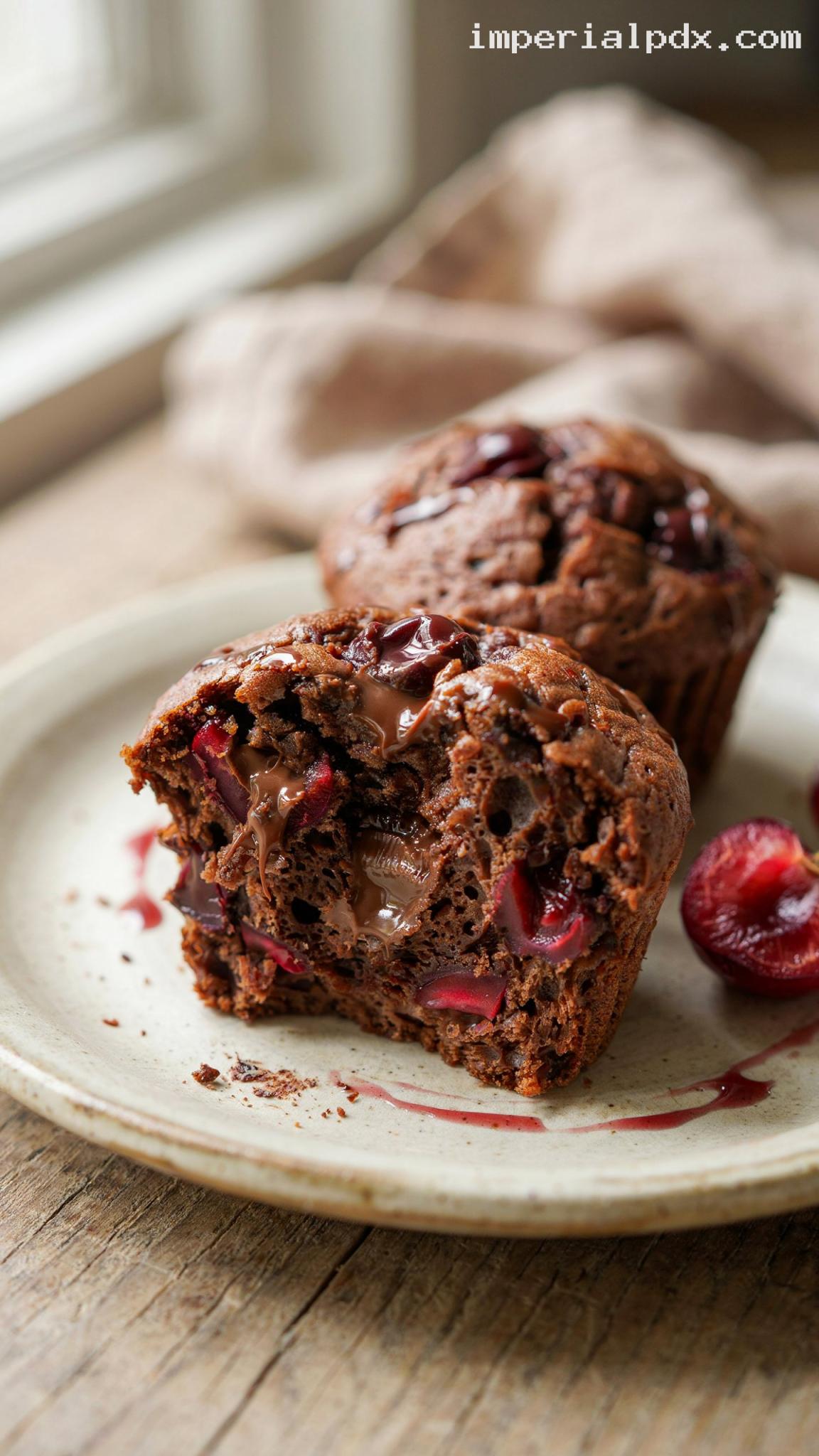 Rich Chocolate Muffins With Juicy Cherries – Closeup