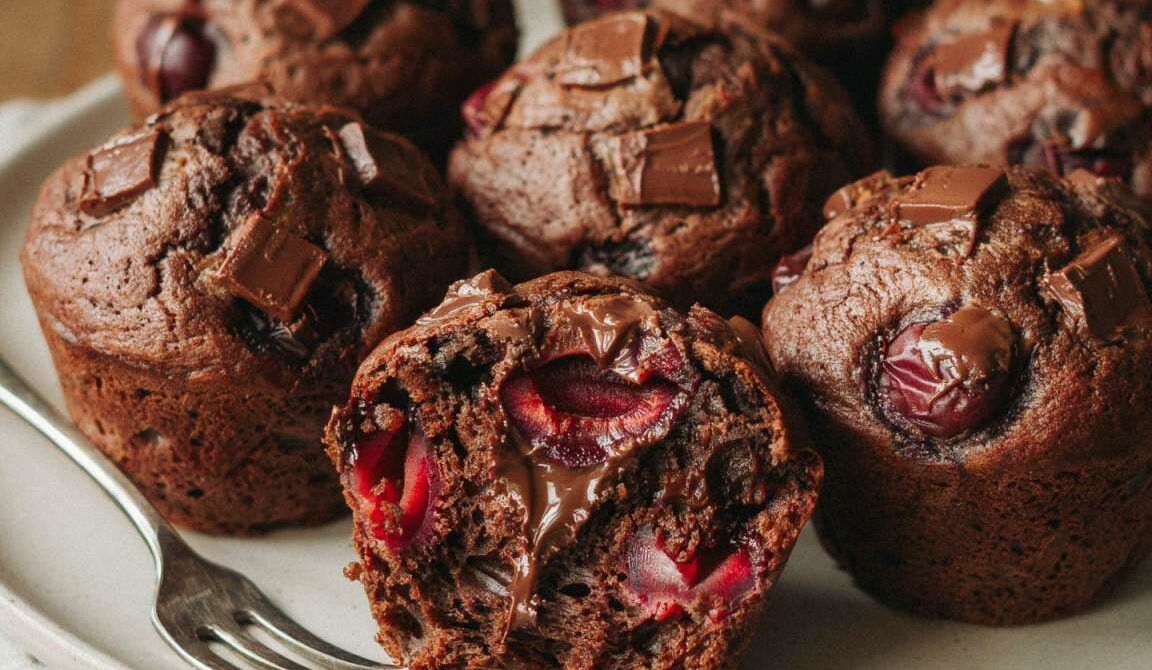 Rich Chocolate Muffins With Juicy Cherries