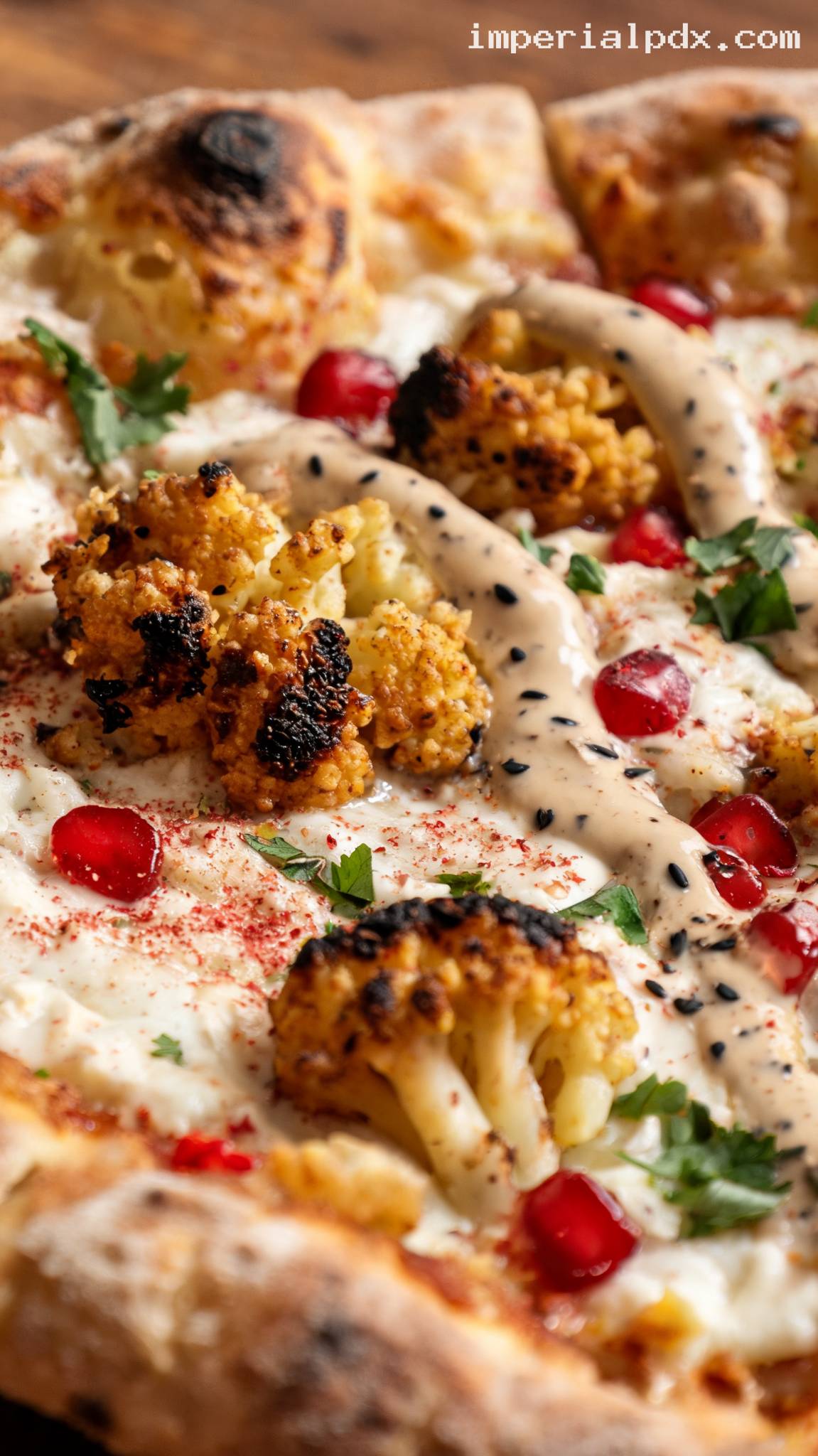 Roasted Cauliflower and Tahini Pizza – Closeup