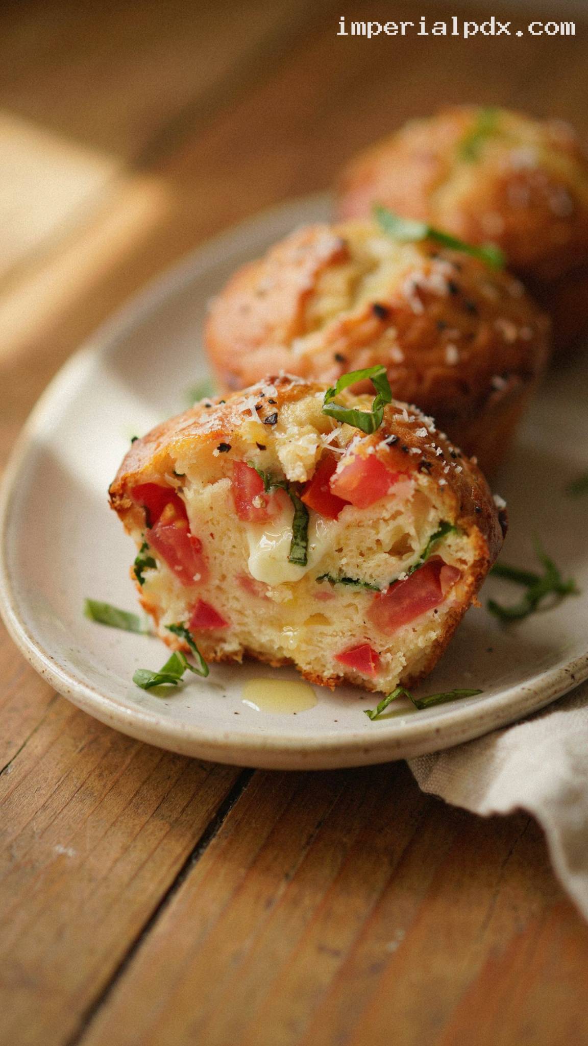 Savory Tomato Basil Muffins With Cheese – Closeup