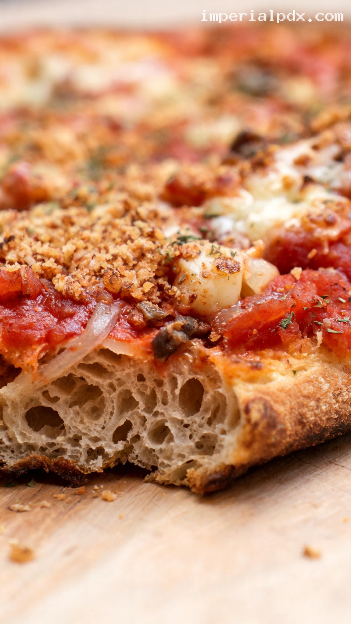 Sicilian Sfincione Pizza With Onions And Breadcrumbs – Closeup