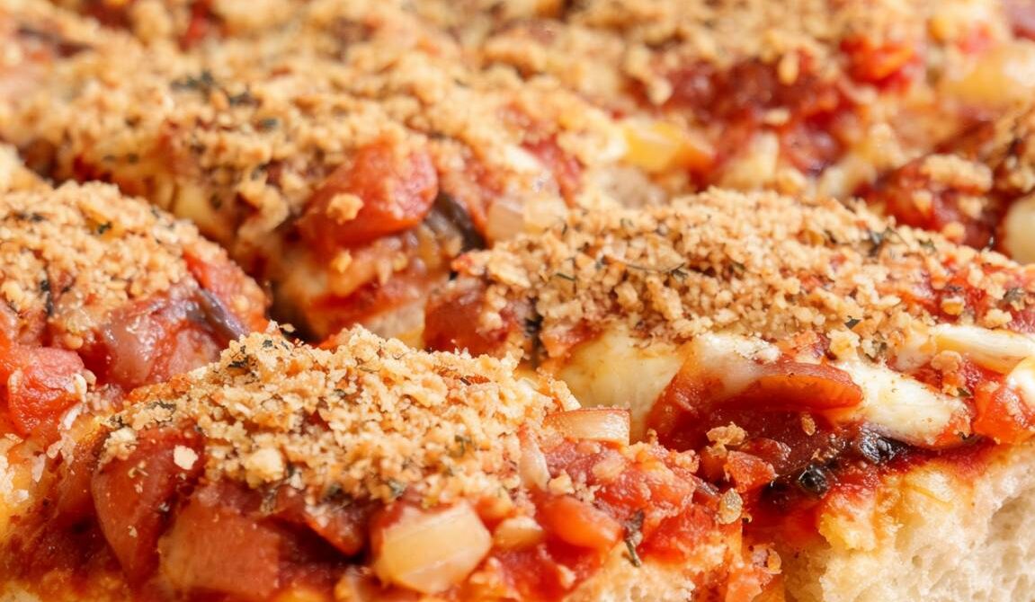 Sicilian Sfincione Pizza With Onions And Breadcrumbs
