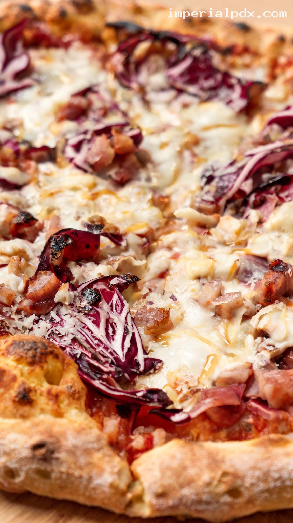 Smoked Mozzarella and Radicchio Pizza with Pancetta and Honey – Closeup