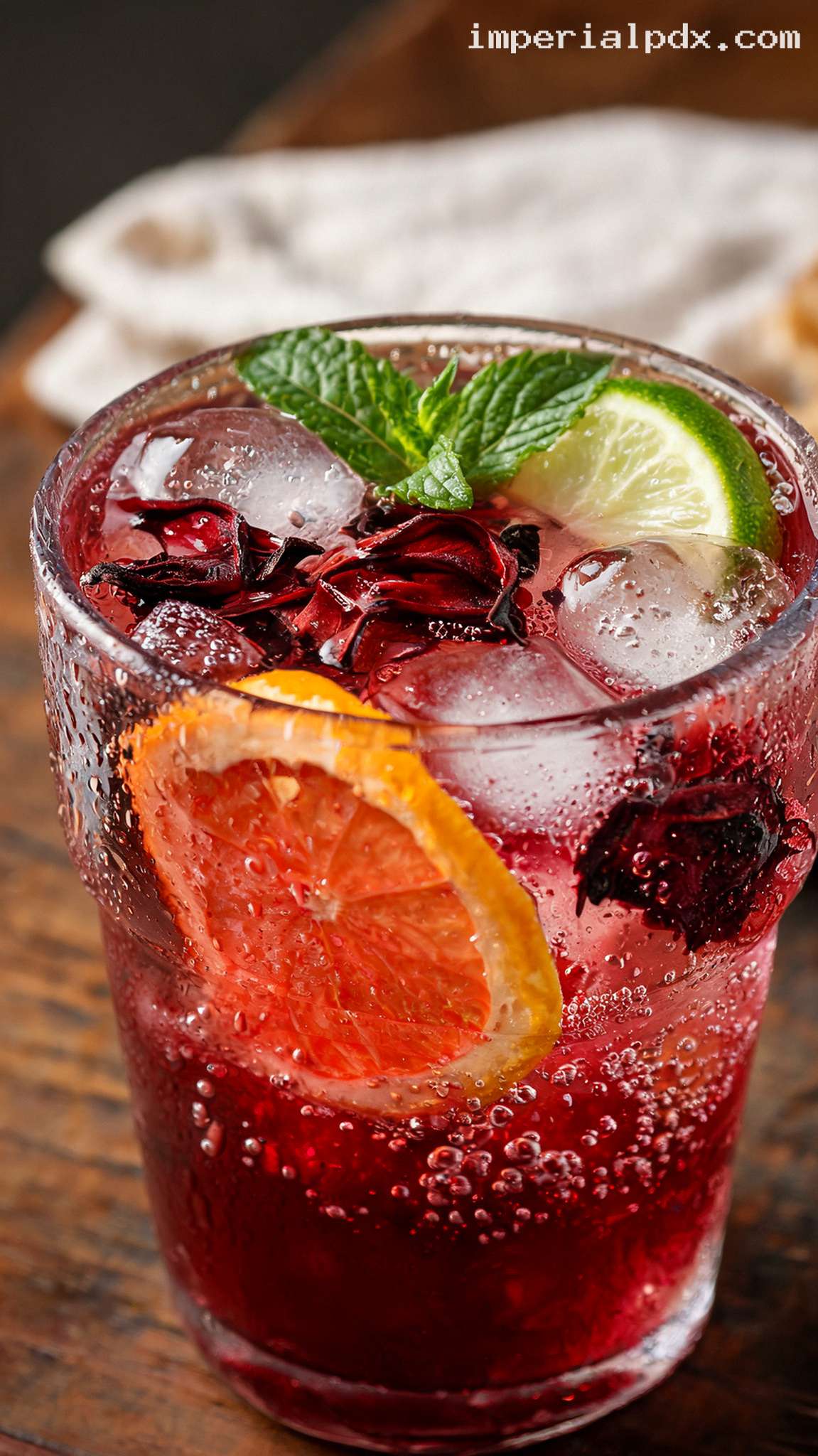 Sparkling Roselle and Citrus Cooler – Closeup