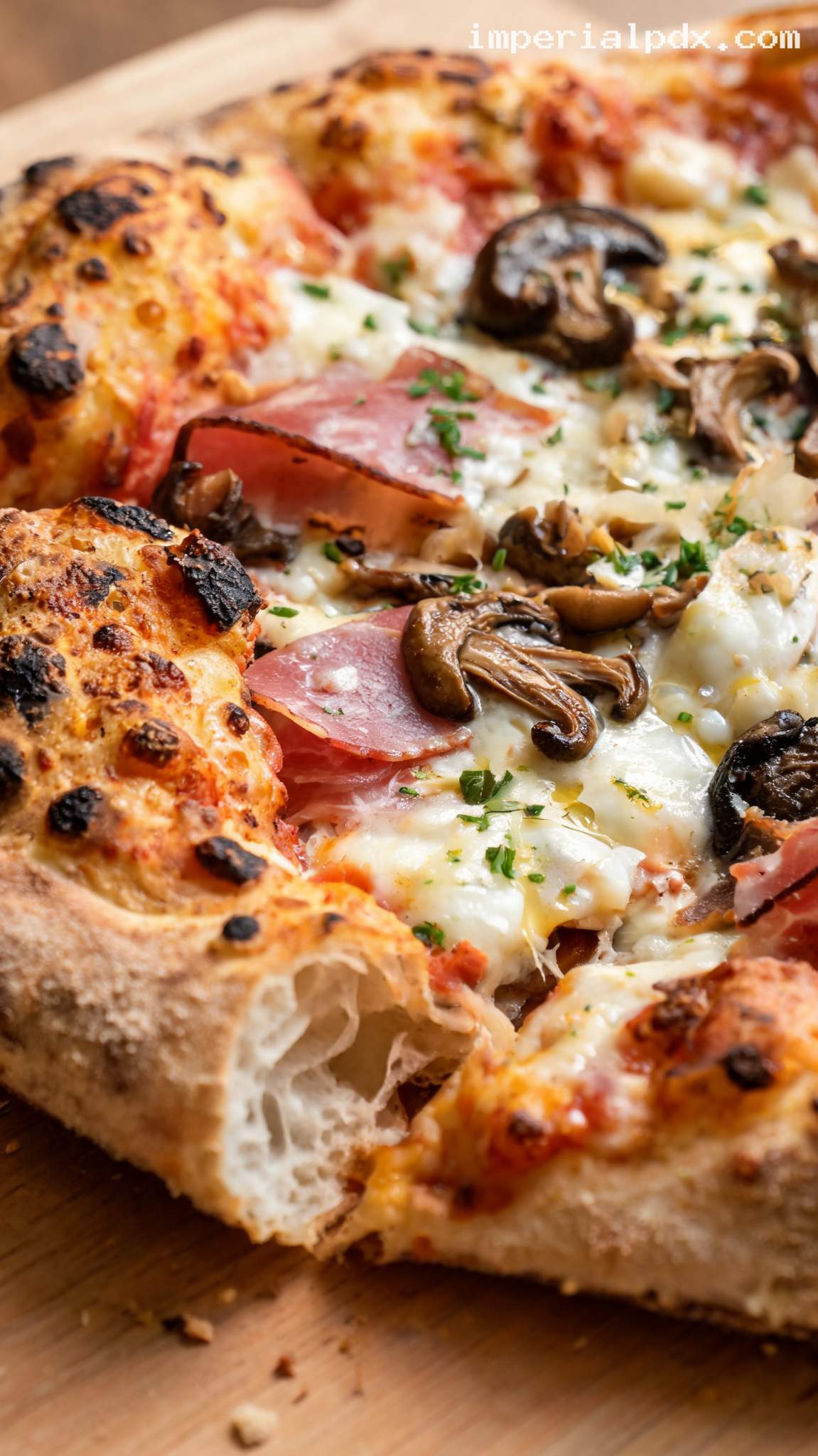 Speck and Mushroom Pizza with Truffle Oil – Closeup