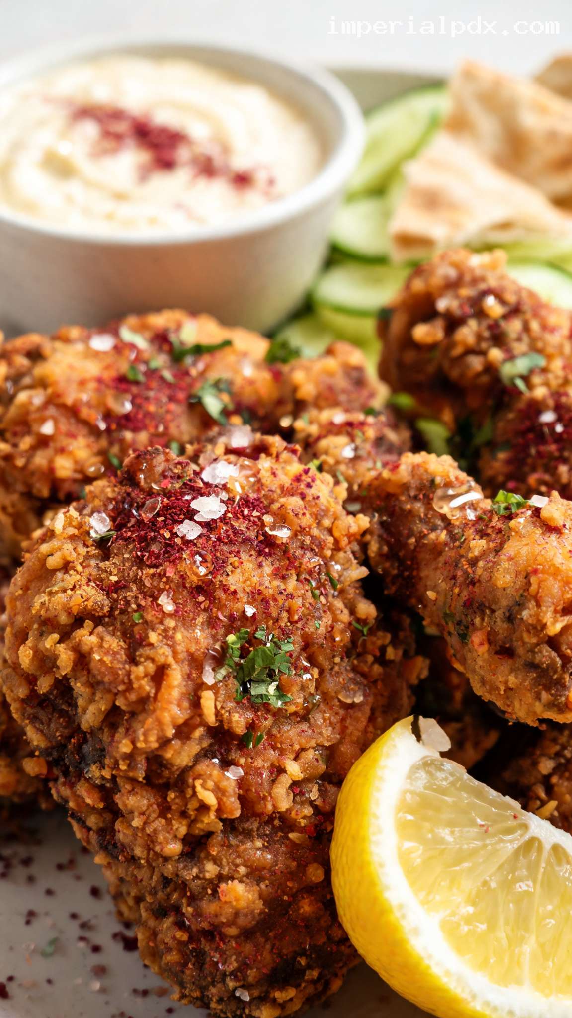 Sumac Fried Chicken With Lemon and Garlic – Closeup